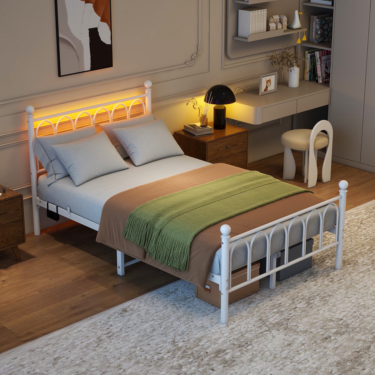 Metalen bedframe 120x200 cm - vintage hoofdeinde en voeteneinde met LED en USB - wit - 27 cm opbergruimte - stevige stalen latten - geen boxspring nodig
