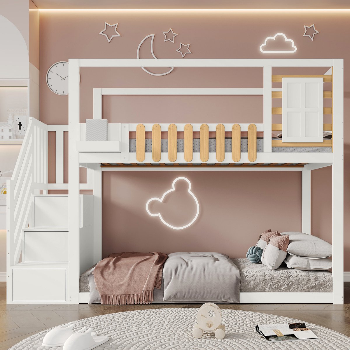 Houten stapelbed met opbergtrap en raam - 90x200 cm voor 2 kinderen - Wit - Veiligheidshek - 3 opbergkasten in trap - Stevig grenenhouten frame