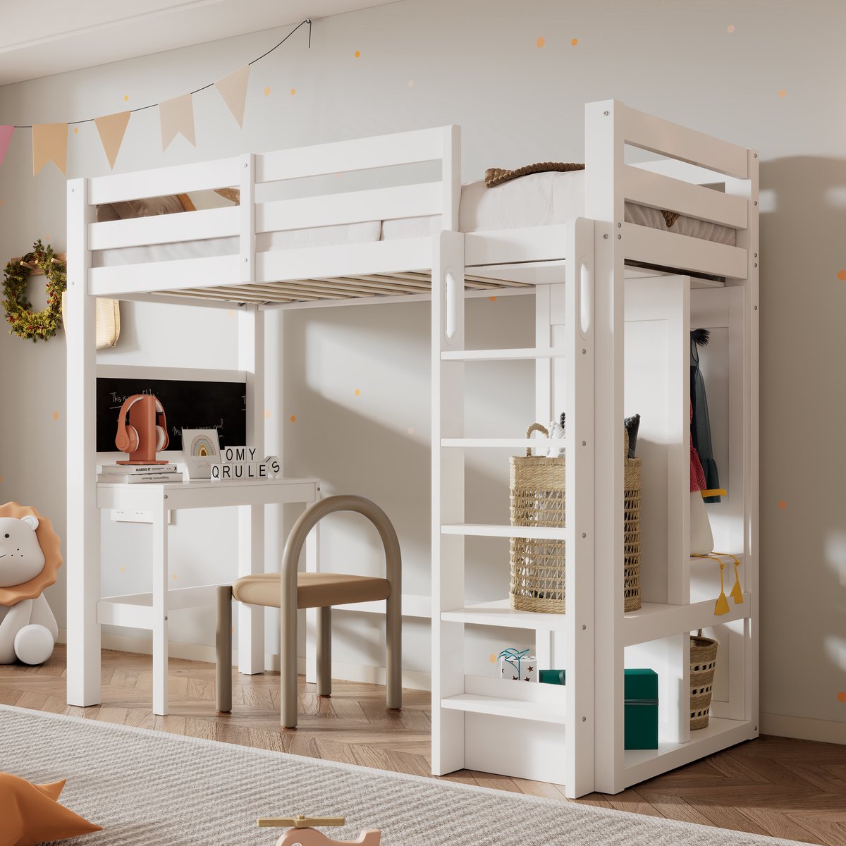 Kinder hoogslaper met bureau, open kledingkast en krijtbord - 90x200 cm eenpersoons - Wit - Dubbelzijdig krijtbord - EN747-gecertificeerd - Inclusief lattenbodem