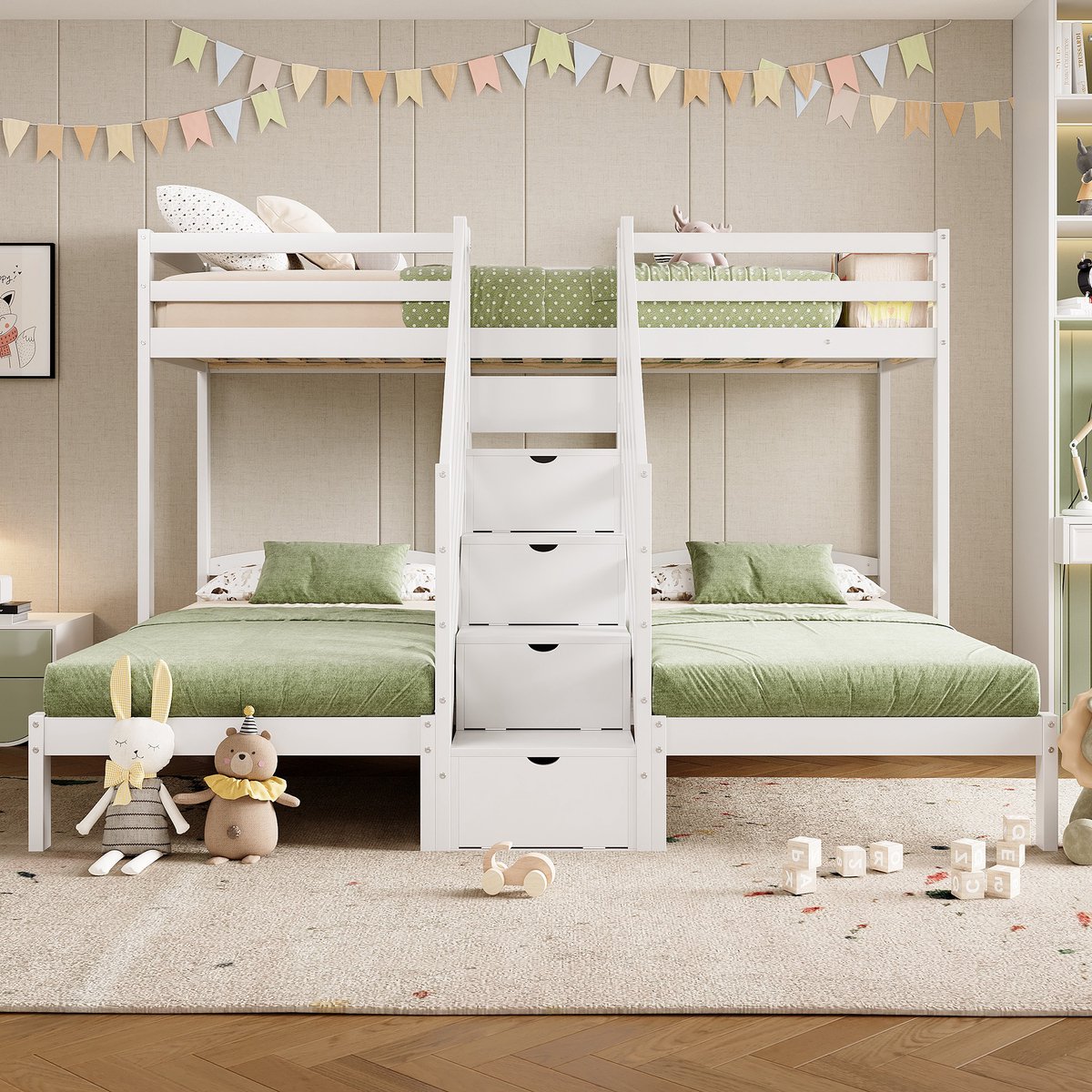 Stapelbed 3-persoons - voor kinderkamer - 90x200 cm 3 bedden - wit - opbergleiter met lades - valbeveiliging - EN 747 gecertificeerd grenenhout