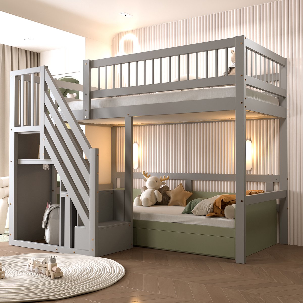 Halfhoog kinderbed met opbergtrap en deur - ruimtebesparend en veilig - 90x200 cm eenpersoons - grijs - hoge valbeveiliging en trapkasten - massief grenen frame met lattenbodem