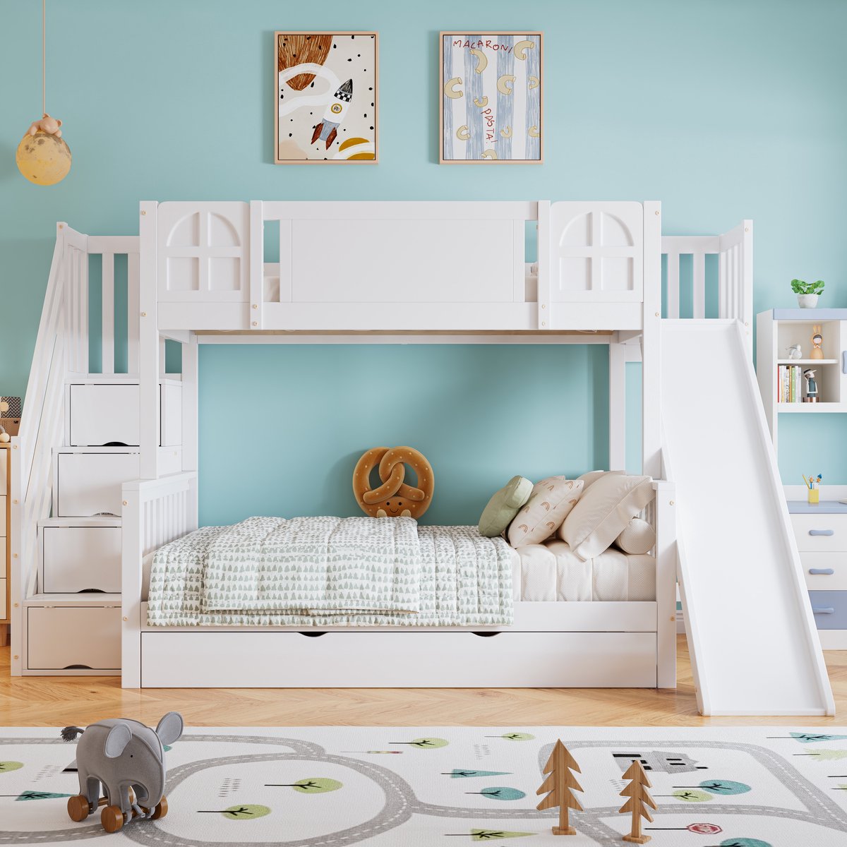 Kinderstapelbed met glijbaan en opbergtrap - 90x200 & 120x200 cm - Wit - Speelse vensters, veiligheidshek en handgreep - 4 opbergkasten in trap - Uitschuifbare lades op wieltjes
