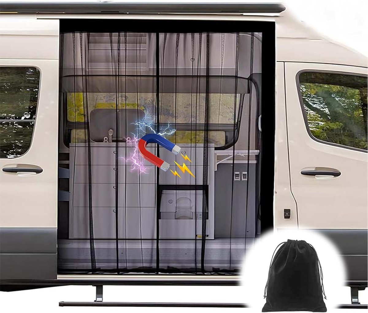Muggennet met magnetische sluiting voor bestelwagens zoals Sprinter en Transit, ideaal voor bescherming tegen insecten