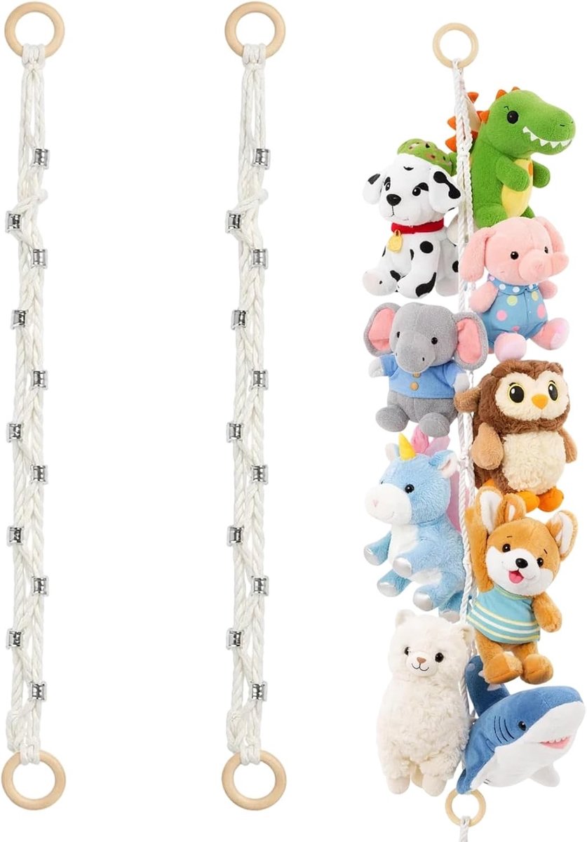 Verstelbare knuffeldieropberging met 4 houten ringen en 40 clips, 2 m, robuuste opslag voor speelgoed en knuffels, ideaal voor kinderkamers
