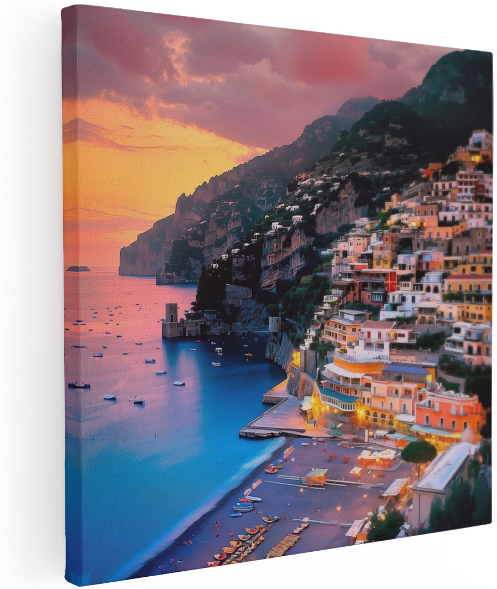 Artaza Canvas Schilderij Positano aan de Amalfikust - Italië - 100x100 cm - Groot - Wanddecoratie Woonkamer - Schilderijen - Muurdecoratie