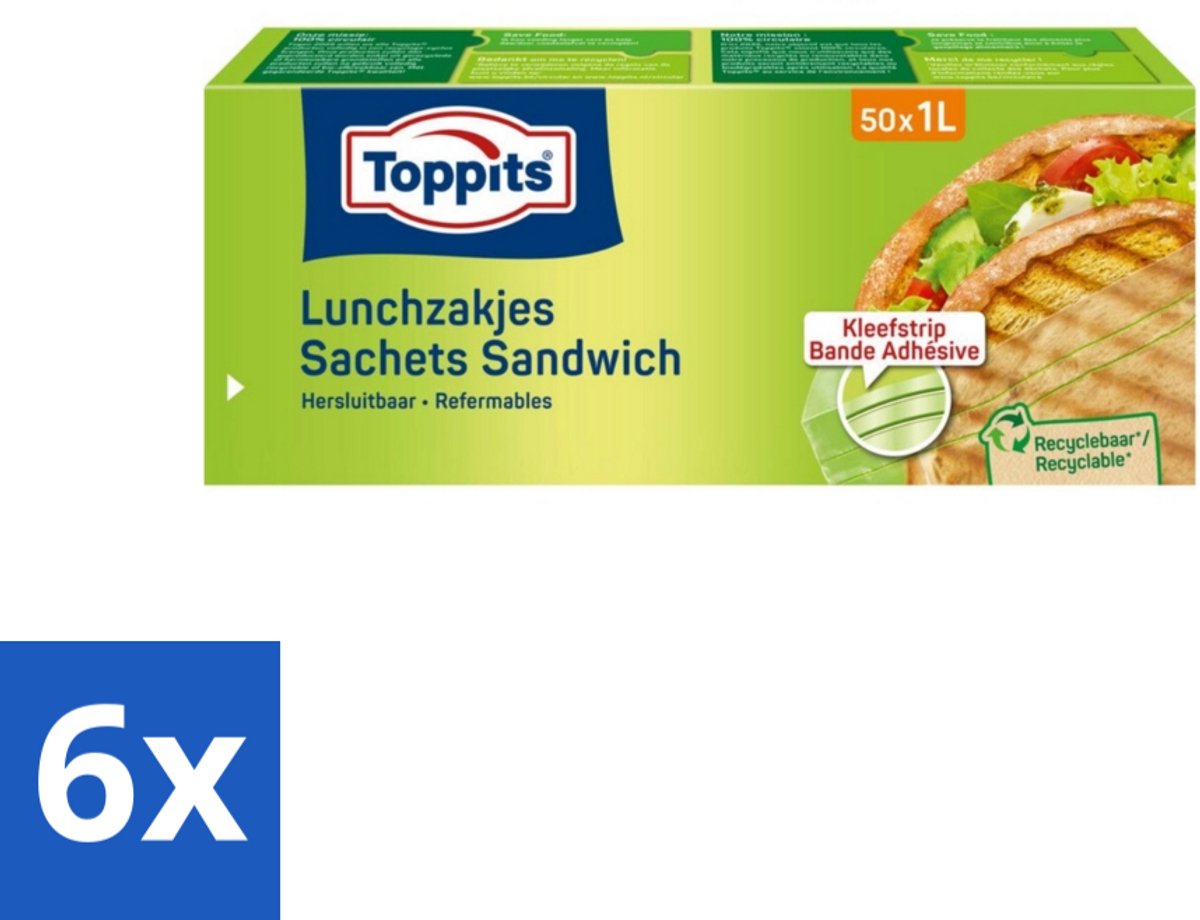 6 x Toppits – Lunchzakjes – Hersluitbaar – 1 Liter – 50 Zakjes - Sandwichzakjes - Lunchzakjes - Snacks - Broodjes - Fruit