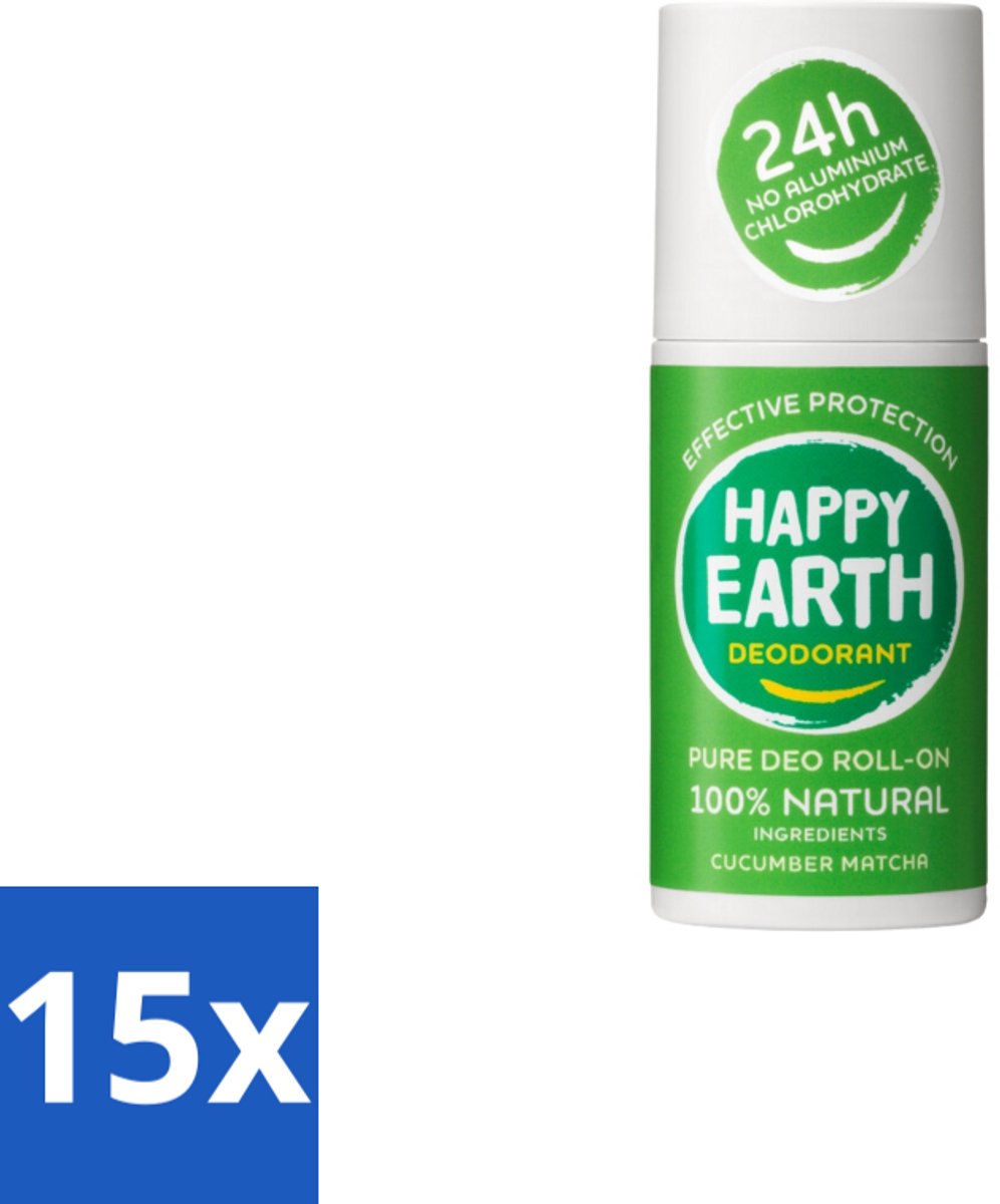 15 x Happy Earth – Deodorant Roll-On – 100% Natuurlijk Cucumber Matcha – 75 ml - Cucumber Matcha Deodorant - Natuurlijke Deodorant - Roll-on Deodorant - Vegan Deodorant - Anti-Geur Deodorant