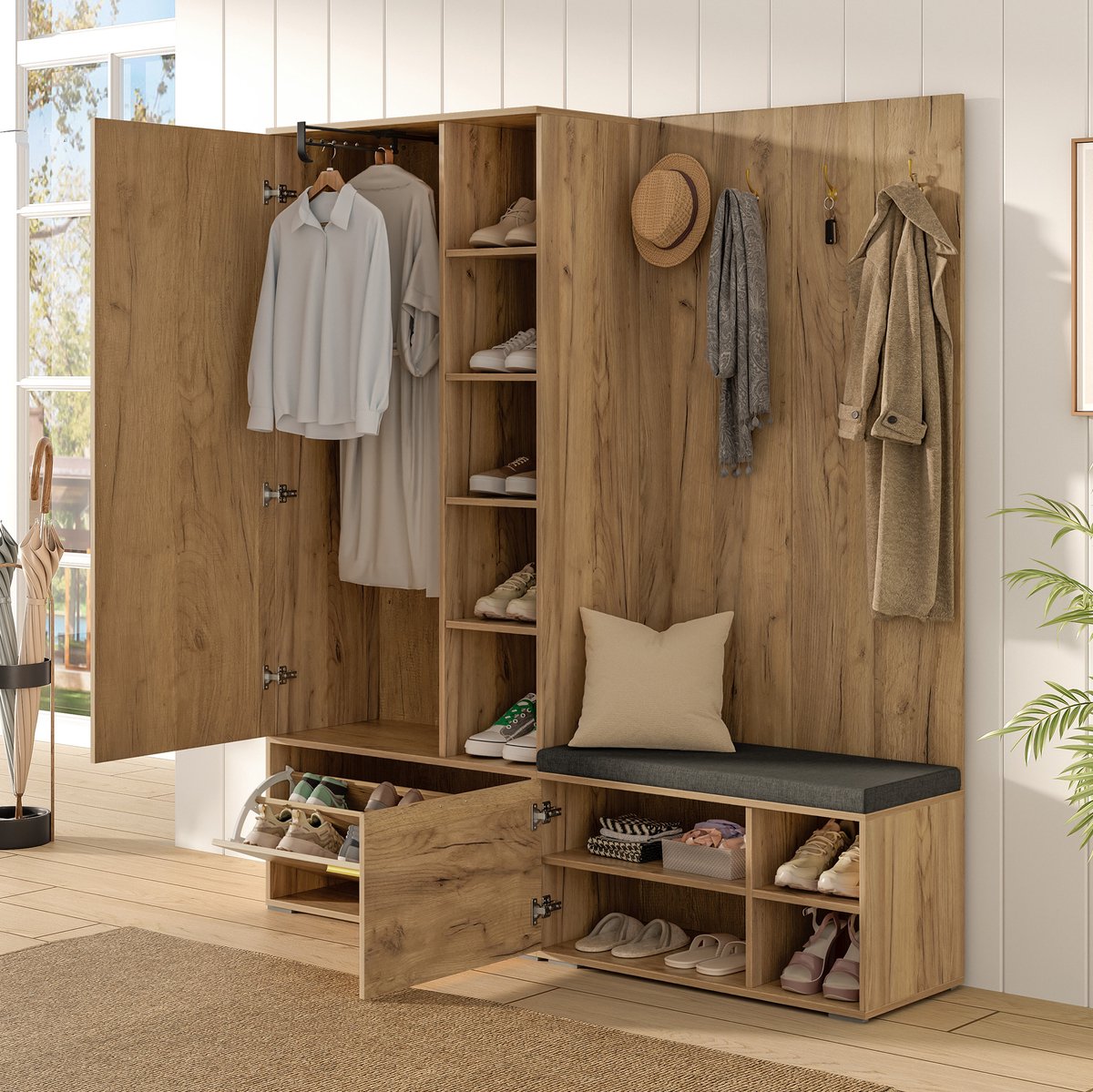 OKWISH Halmeubelset - Spiegel - Uitschuifbare Kledingroede - 4 Haken - Schoenenkast Met Zitbank - Zwart Natuurlijk - 160x38x180 cm