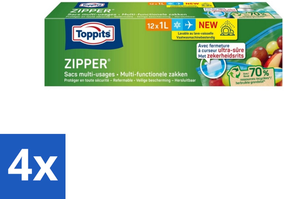 4 x Toppits – Zipper Multifunctionele Zakken – 1 Liter – 12 Zakjes - Zipper Zakken - Lekken - Voedsel Bewaren - Restjes Opbergen - Snacks