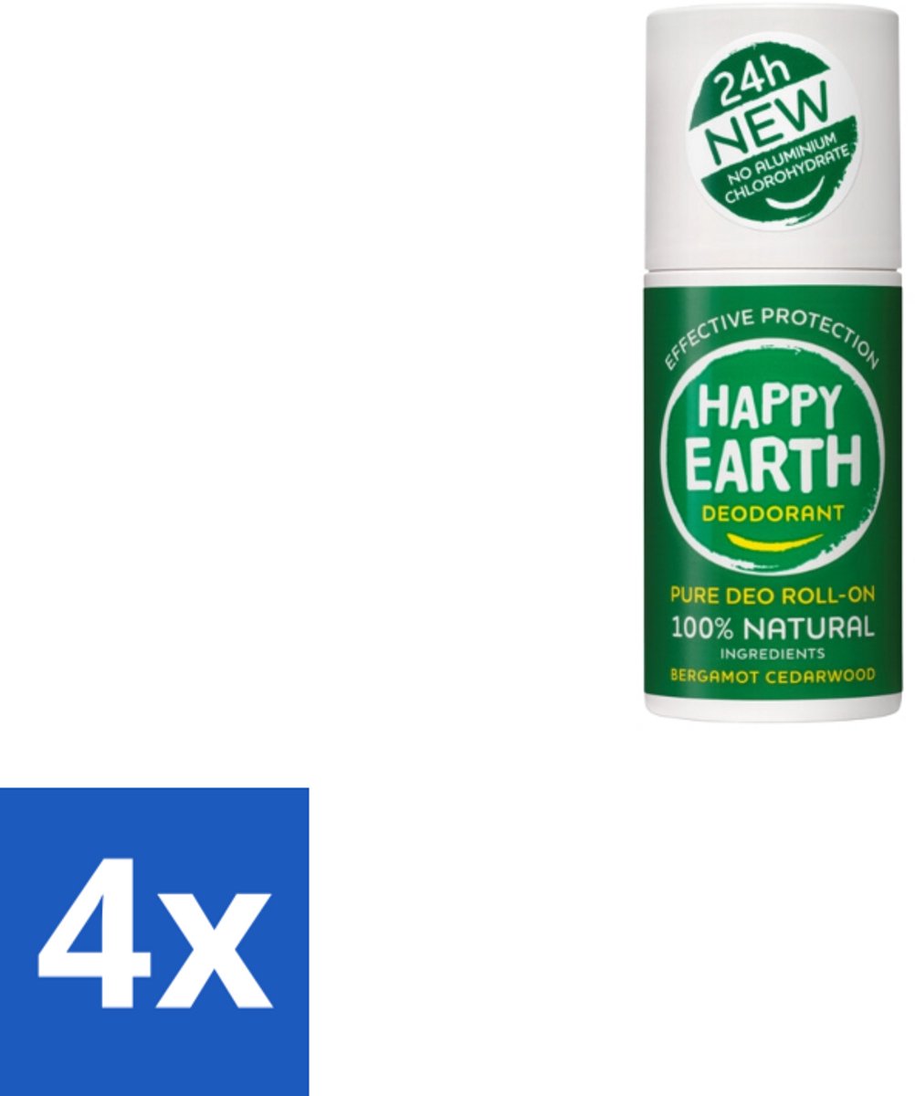 4 x Happy Earth – Deodorant Roll-On – 100% Natuurlijk Bergamot Cedarwood – 75 ml - Bergamot - Cederhout - Natuurlijke Deodorant - Roll-on Deodorant - 24 Uur Bescherming