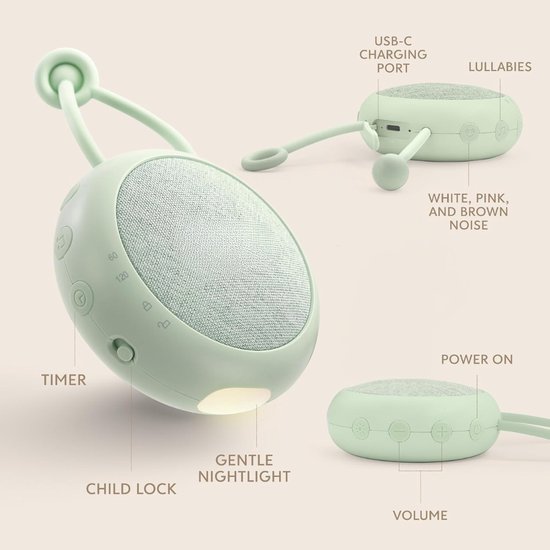 Verte White Noise Machine - Groen - Slaapliedje Voor Baby's - Nachtlampje En Witte Ruis Om Baby's Te Laten Slapen - 15 Geluiden - Oplaadbaar Via USB van Verte — afbeelding 2