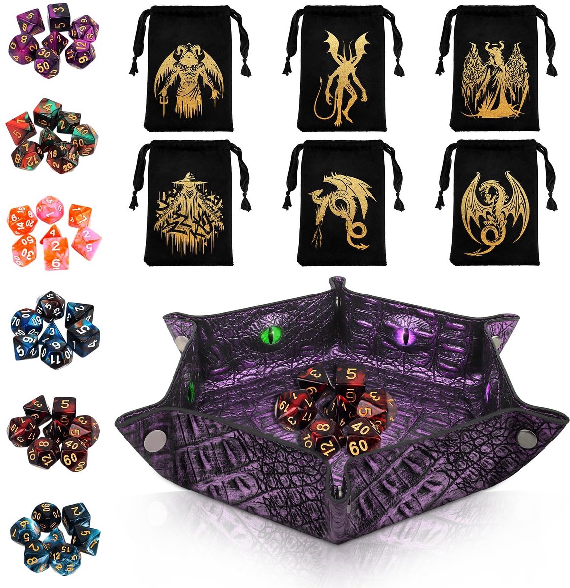 Elzusha - Set van 7 Groene Polyhedrale D6 Dobbelstenen met Draak Oog voor DND Spellen