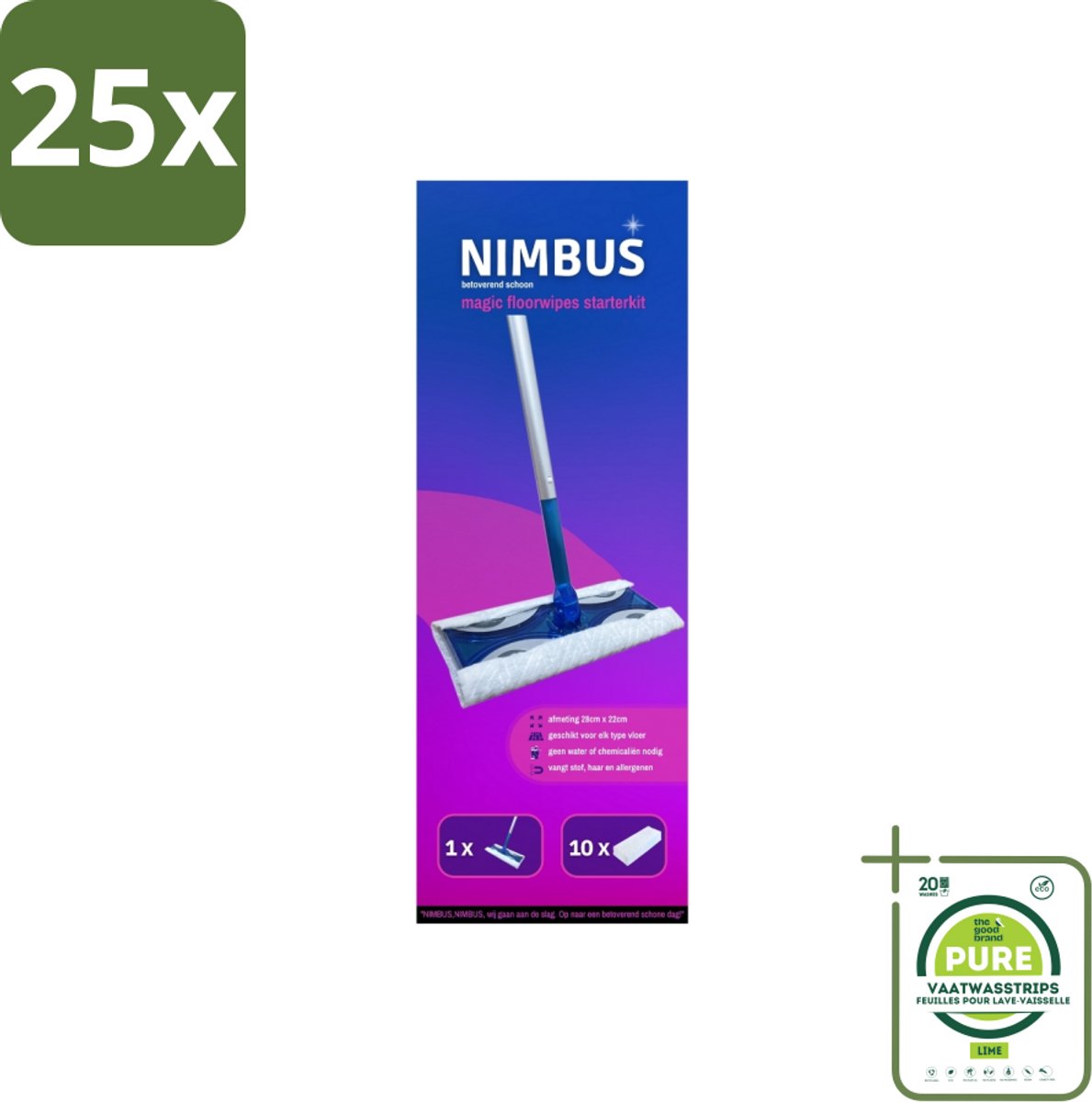 25 x NIMBUS Magic Vloerdoek Starterkit 1 Dweil + 10 Droge Vloerdoekjes 1 set - Grootverpakking - Vloerwisser - Droge Schoonmaakdoekjes - Schoonmaken - Huisdierhaar - Stof Vangen
