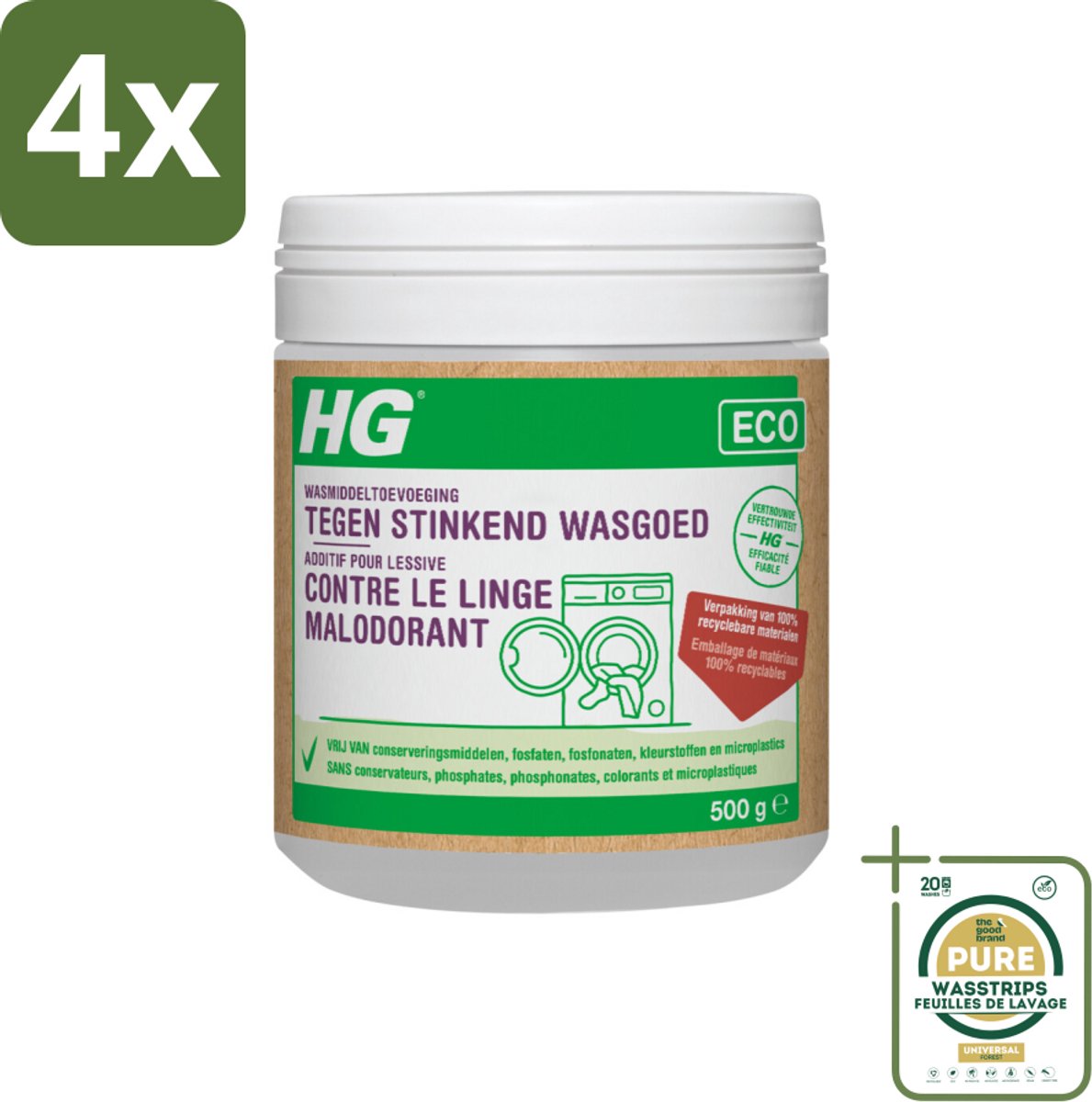 HG Eco Wasmiddeltoevoeging tegen Stinkend Wasgoed 500 gr - Voordeelverpakking - 4 stuks - Stinkend wasgoed - Wasgeur