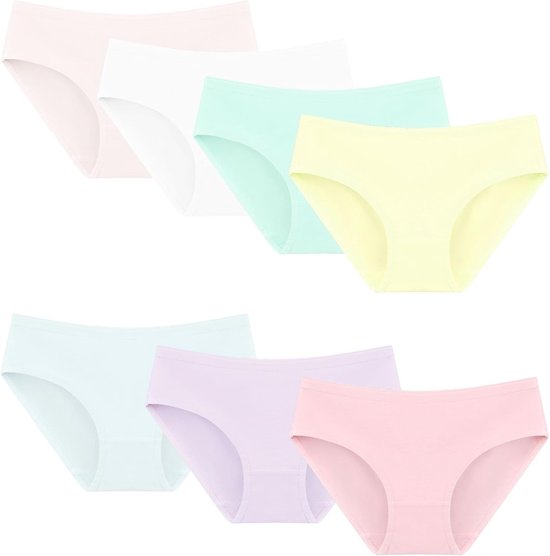 Set van 6 pastelkleurige meisjesonderbroeken in roze, wit, groen, geel, blauw en lila.