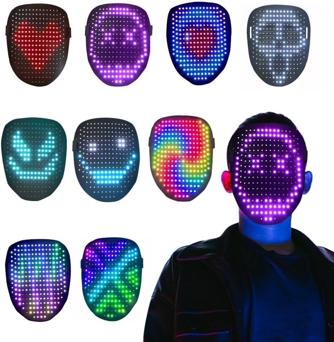 LED Masker met Gebaarherkenning, Oplaadbaar LED Lichtmasker voor Halloween, Cosplay en Feestjes met 50 Beelden