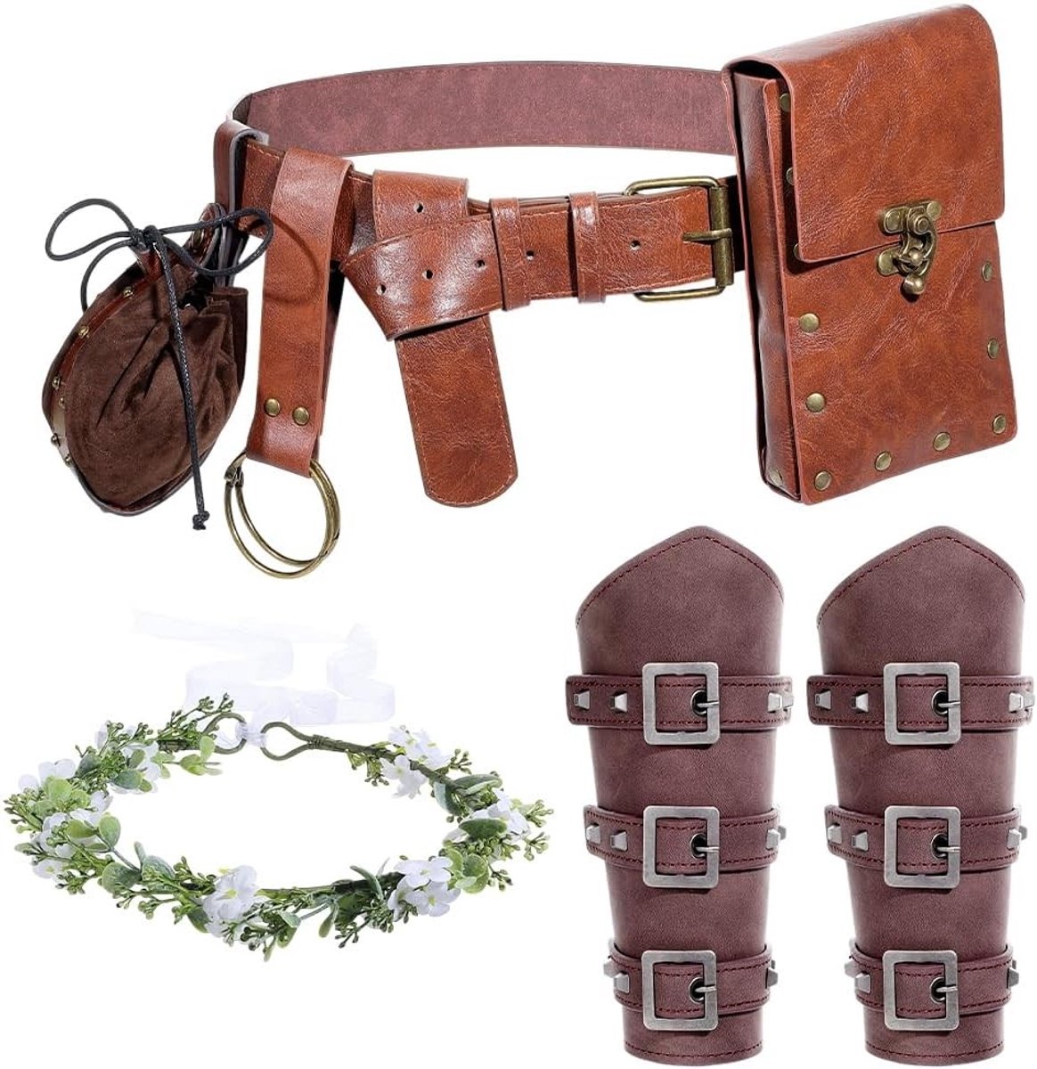 Middeleeuwse Heuptas met Viking Armbanden en Bloemenkroon - Vintage Kostuumset voor Festival en LARP Cosplay