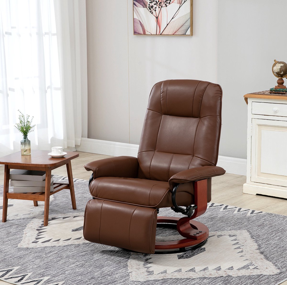 REDOM - Relaxfauteuil - Draaibaar - 145° verstelbare rugleuning - Handmatige voetensteun - Brede armleuningen - Kunstleer - Bruin - 78 x 87 x 100 cm