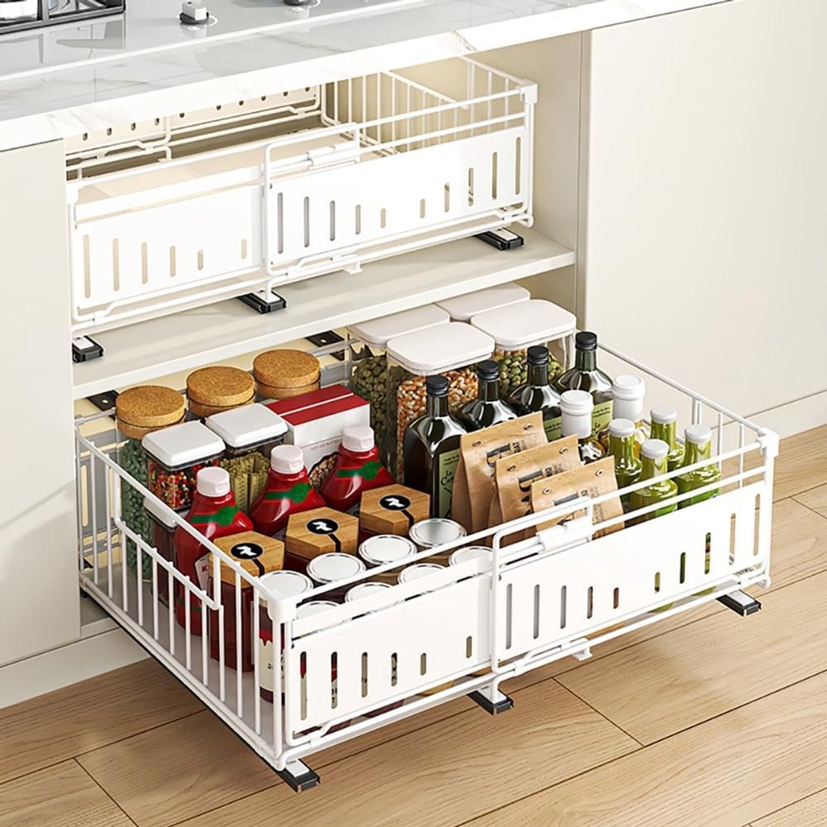 Uitbreidbare Kastorganizer in Wit, Set van 2, Ideaal voor Ruimtebesparing en Opberging, 38D x 17H x 32-50H CM