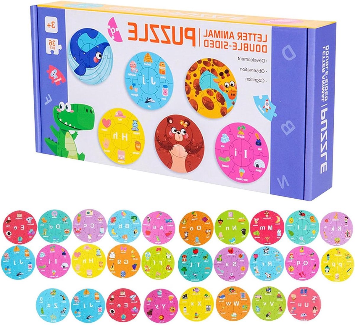 Peuters Puzzels - Letter Cijfer - Leren Spelletjes - Dubbelzijdig Ontwerp - 26.7 cm - Alfabetdier