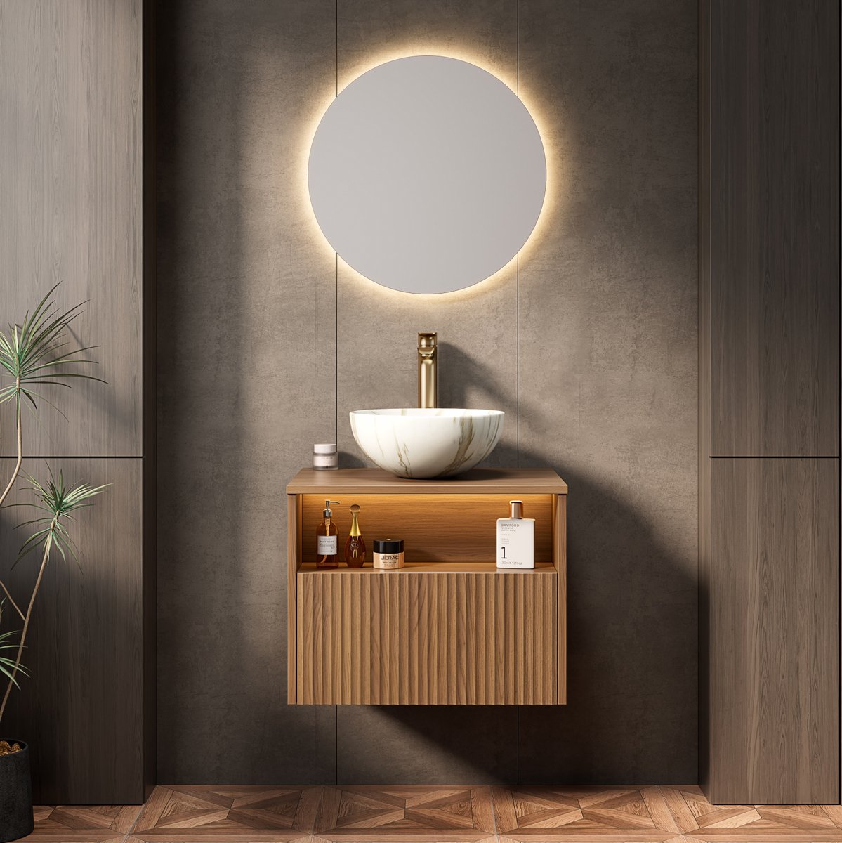 STILVORA Badkamermeubel - Wandhangend Met Keramische Waskom, Lade En Open Vak - Sensorverlichting - Multiplex - 60x46x60,8 Cm - Bruin Eiken En Steenwit