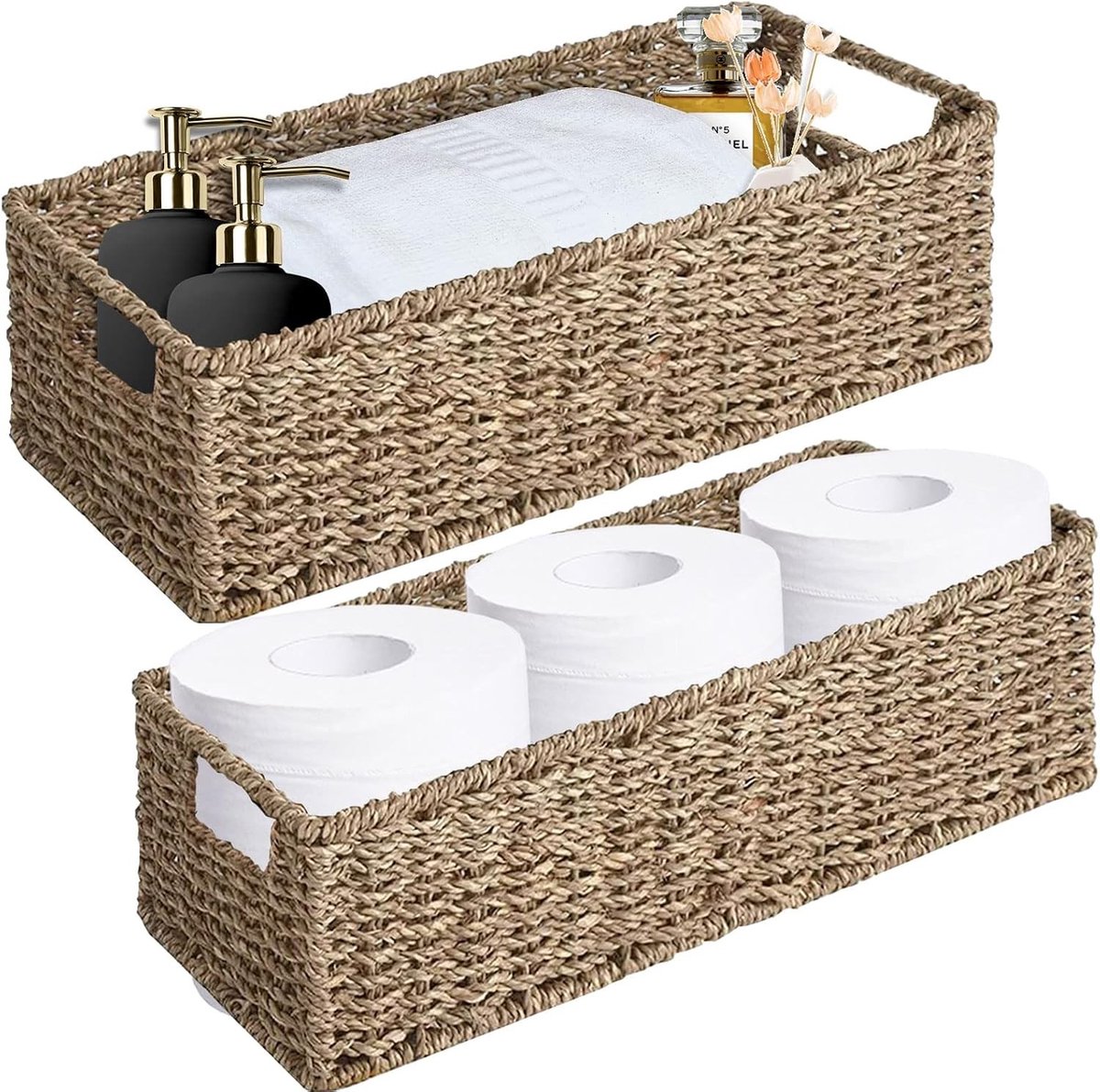 Set van 2 Opbergmanden van Wicker, Vintage Organizer voor Toiletpapier, Badkamer en Keuken, Ideaal voor Aanrecht en Tafel, Gemaakt van Zeegras