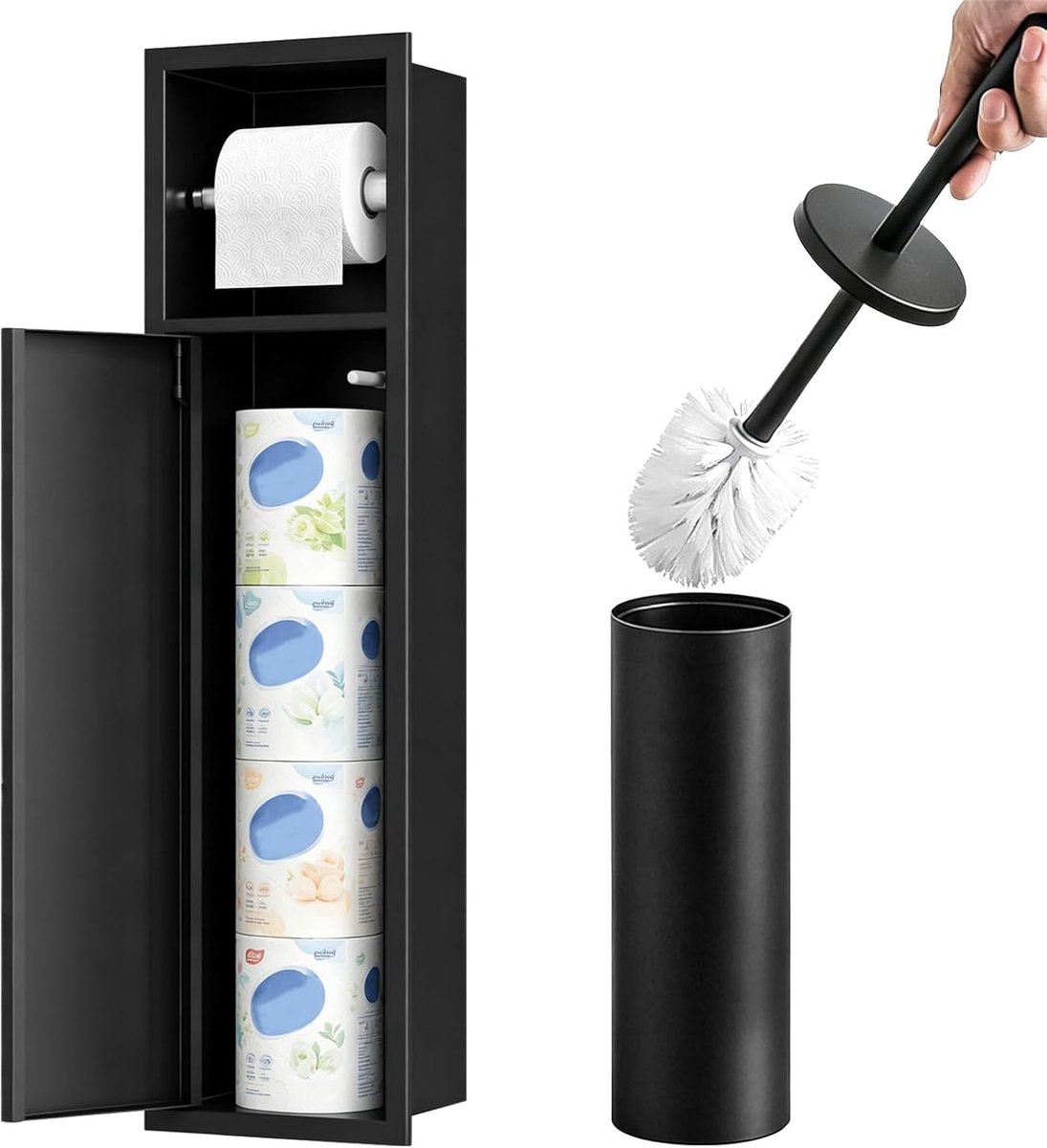 Zwarte roestvrijstalen inbouw toiletpapierhouder met schuifdeur en borstelset voor badkameraccessoires, 66 x 18 x 15 cm, modern en praktisch
