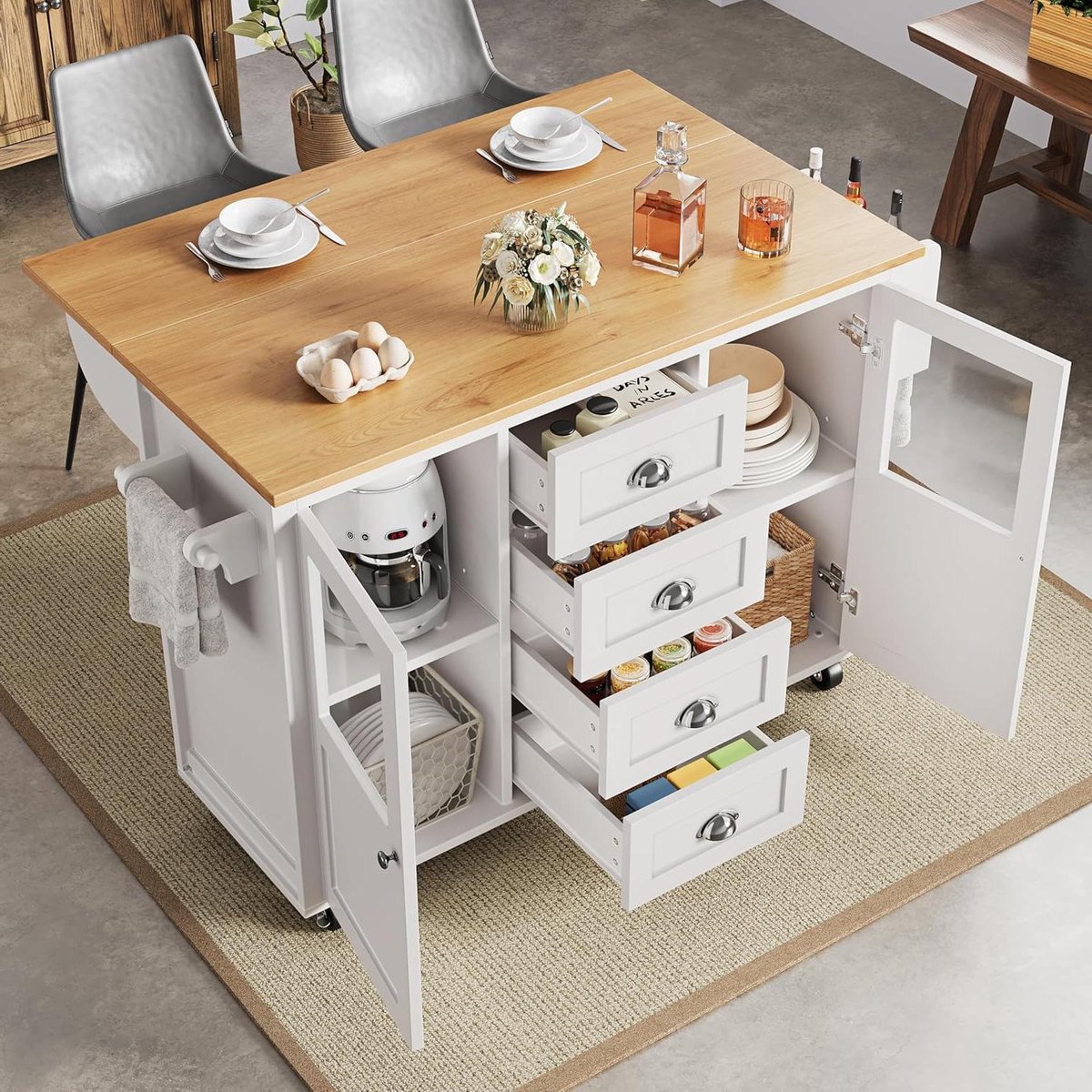 Keukenbuffet - Dressoir Kast - Opbergen Keuken - Verstelbare Planken - 138 cm Breed - Wit Metaal