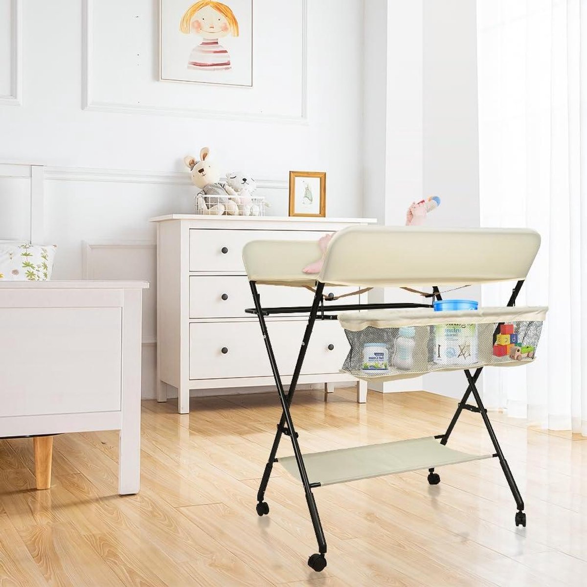 Baby Verschoontafel - Babyverzorging Tafel - Baby Verzorgen - Opvouwbaar en Draagbaar - 80 x 66 x 98 cm - Beige