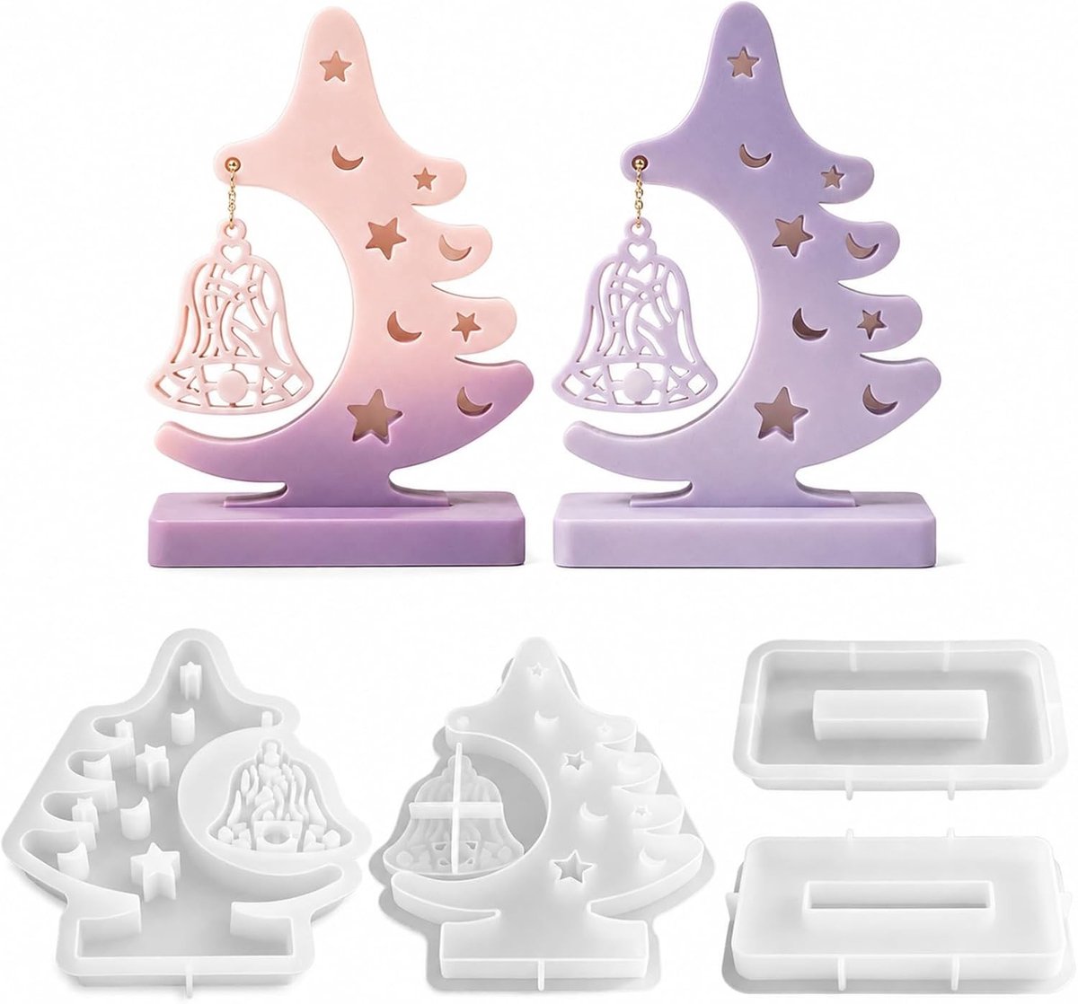 Kerst Silicone Mallen Set van 4 Stukken voor DIY Decoratie, Inclusief Kerstboom Gietvorm en 20 Gouden Kralenkettingen