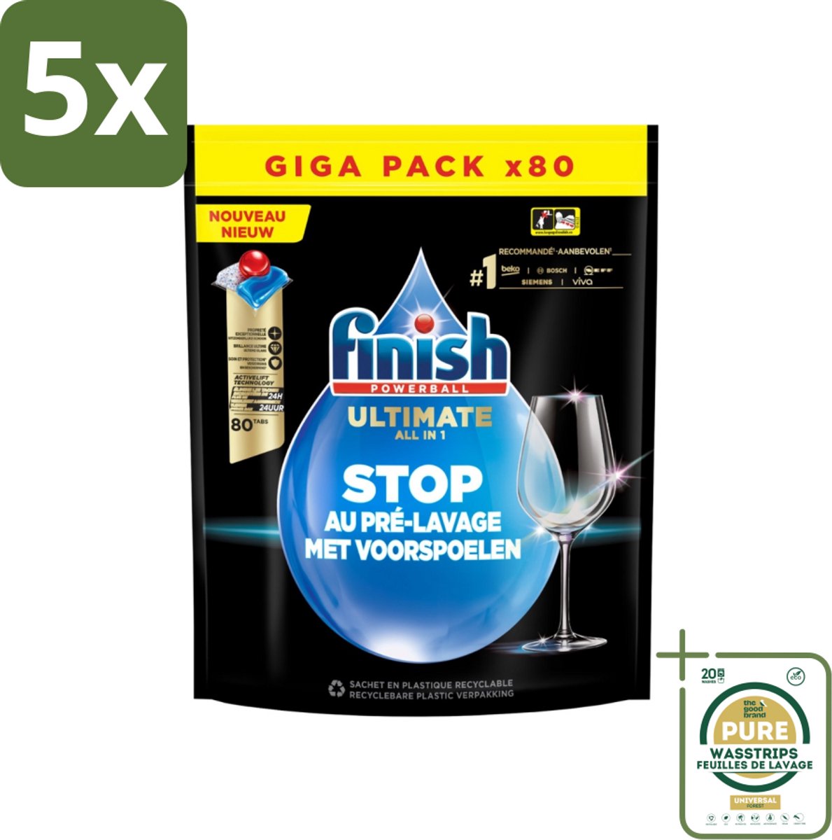 5 x Finish - Powerball - Vaatwasmiddel - Ultieme Alles In 1 - Glansspoelmiddel - 80 Wasbeurten - Grootverpakking - Vaatwasmiddel - Reiniging - Glans - Vaatwasmiddel Capsule - ACTIVLIFT™