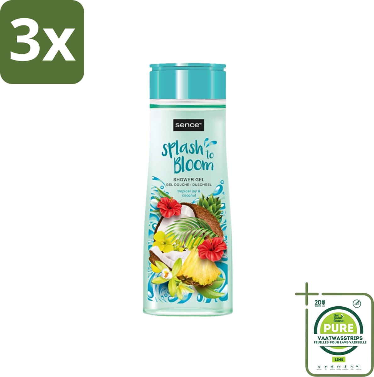 3 x Sence - Tropical Joy & Coconut - Douchegel - Exotisch - 300 ml - Grootverpakking - Douchegel Kokos - Tropisch Geur - Exotische Geur - Huid Verzorging - Zachte Reiniging