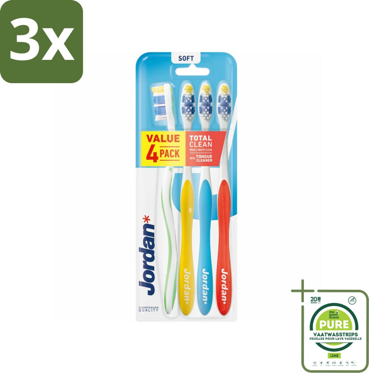 3 x Jordan Tandenborstel Total Clean Soft 4-pack 4 stuks per verpakking - Grootverpakking - Tandenborstel - Mondverzorging - Tandplak Verwijderen - Tandvlees Verzorgen - Tongschraper