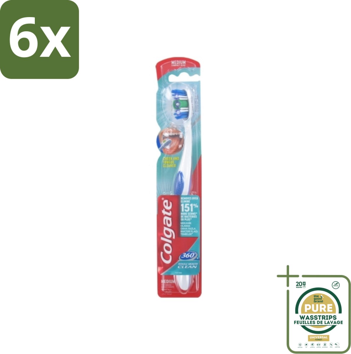 Colgate - Tandenborstel - 360 Whole Mouth Clean Medium - Wit/Blauw - 1 Tandenborstel - Voordeelverpakking - 6 stuks - Tandenpoetsen - Bacteriën
