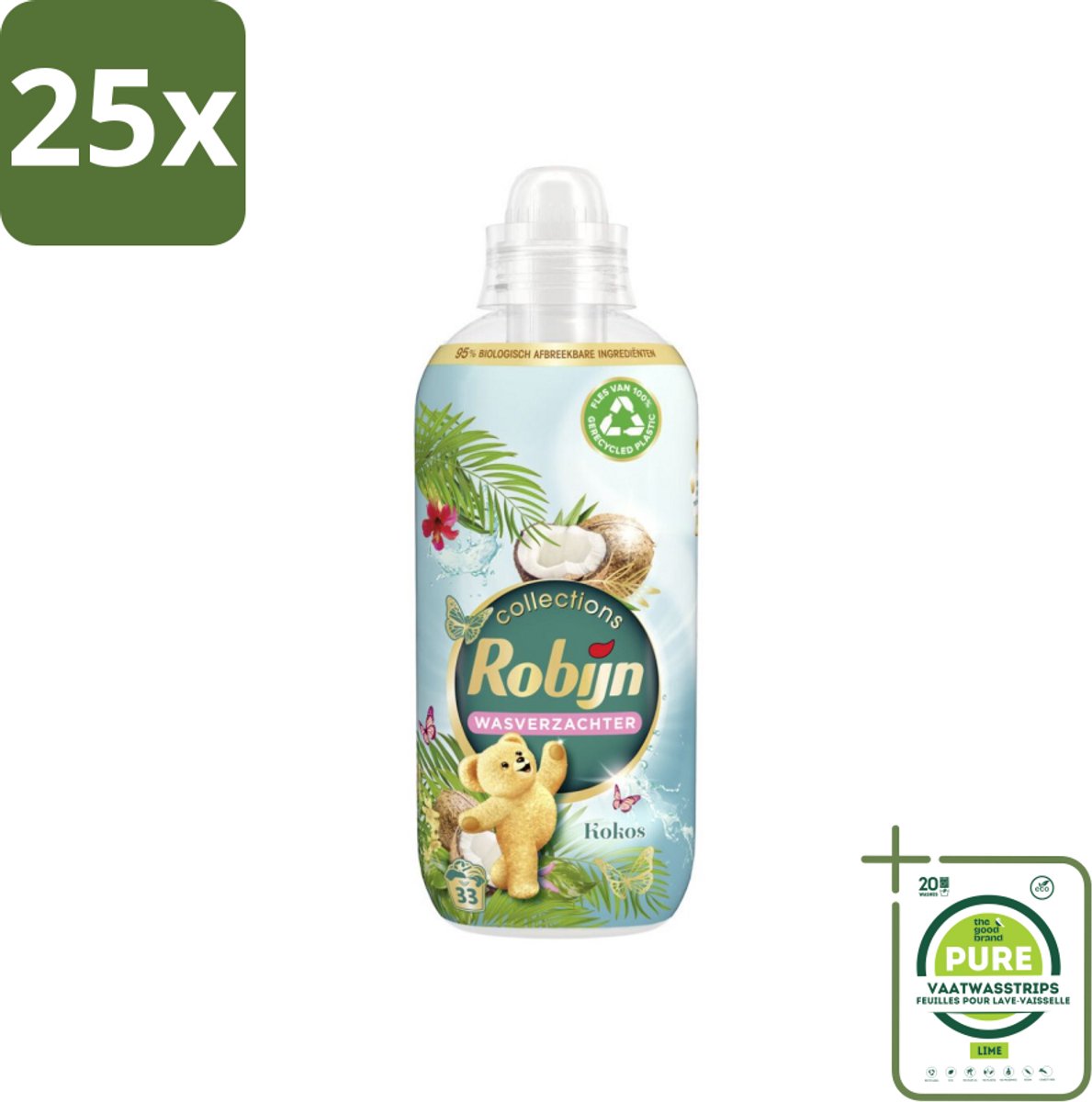 25 x Robijn Wasverzachter Kokos Sensation 33 Wasbeurten 825 ml - Grootverpakking - Wasverzachter - Kokosgeur - Wasroutine - Kleding Verzachten - Frisheid