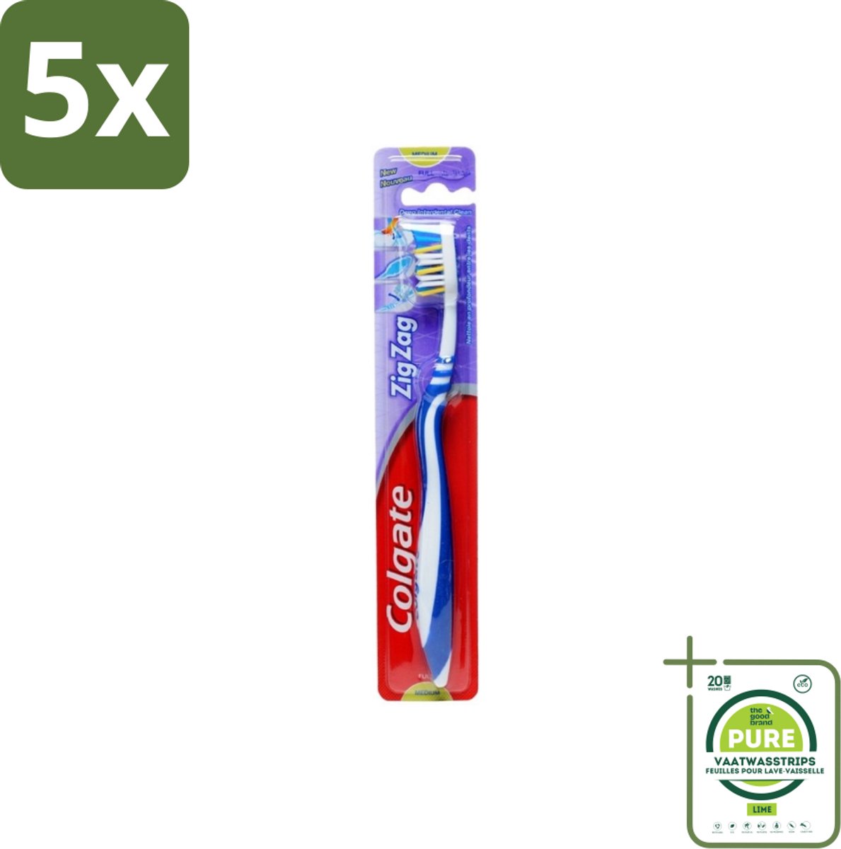 5 x Colgate - Tandenborstel - ZigZag Medium - 1 Tandenborstel - Grootverpakking - Tandenborstel - Zigzag Borstelharen - Tandenborstel Medium - Tandenborstel Hardheid - Mondhygiëne