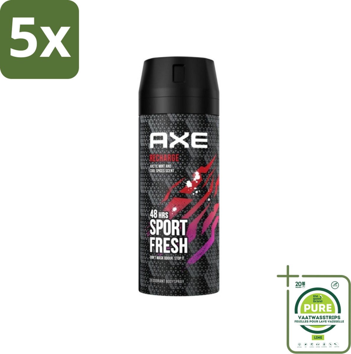 5 x Axe - Deodorant Bodyspray - 48hrs Sport Fresh - Recharge - Arctic Mint & Cool Spices - 150 ml - Grootverpakking - Axe Deodorant - Axe Bodyspray - Axe Sport Fresh - Axe Ice Chill - Deodorant Sport
