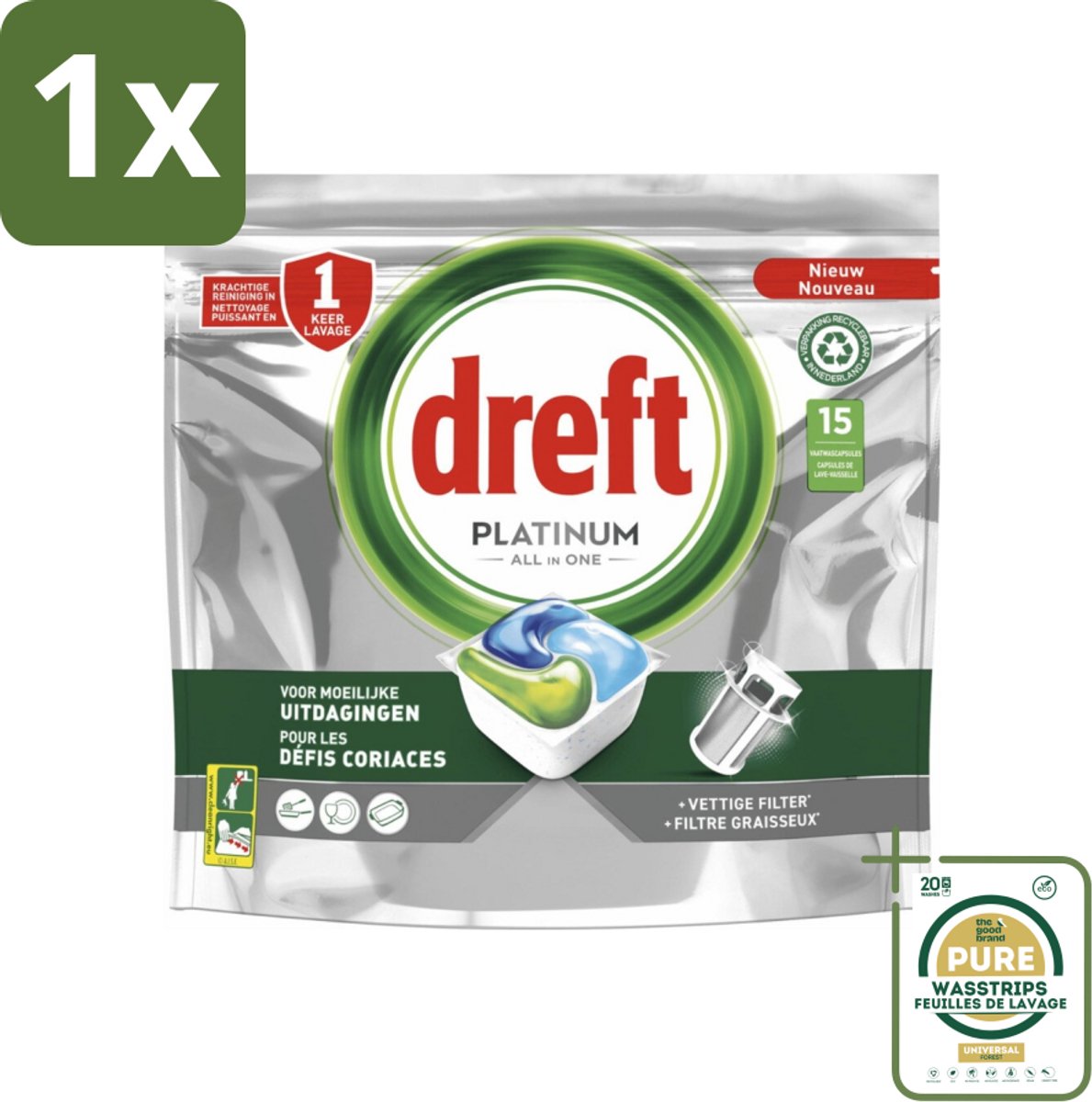 1 x Dreft - Platinum All In One - Vaatwascapsules - Voor Moeilijke Uitdagingen - 15 Capsules- Vaatwasmachine Reiniging - Vaatwasmachine Filter Reiniging - Vaatwasmachine Vetoplossing - Vaatwasmachine Filter Reinigen - Vaatwasmachine Vetverwijdering