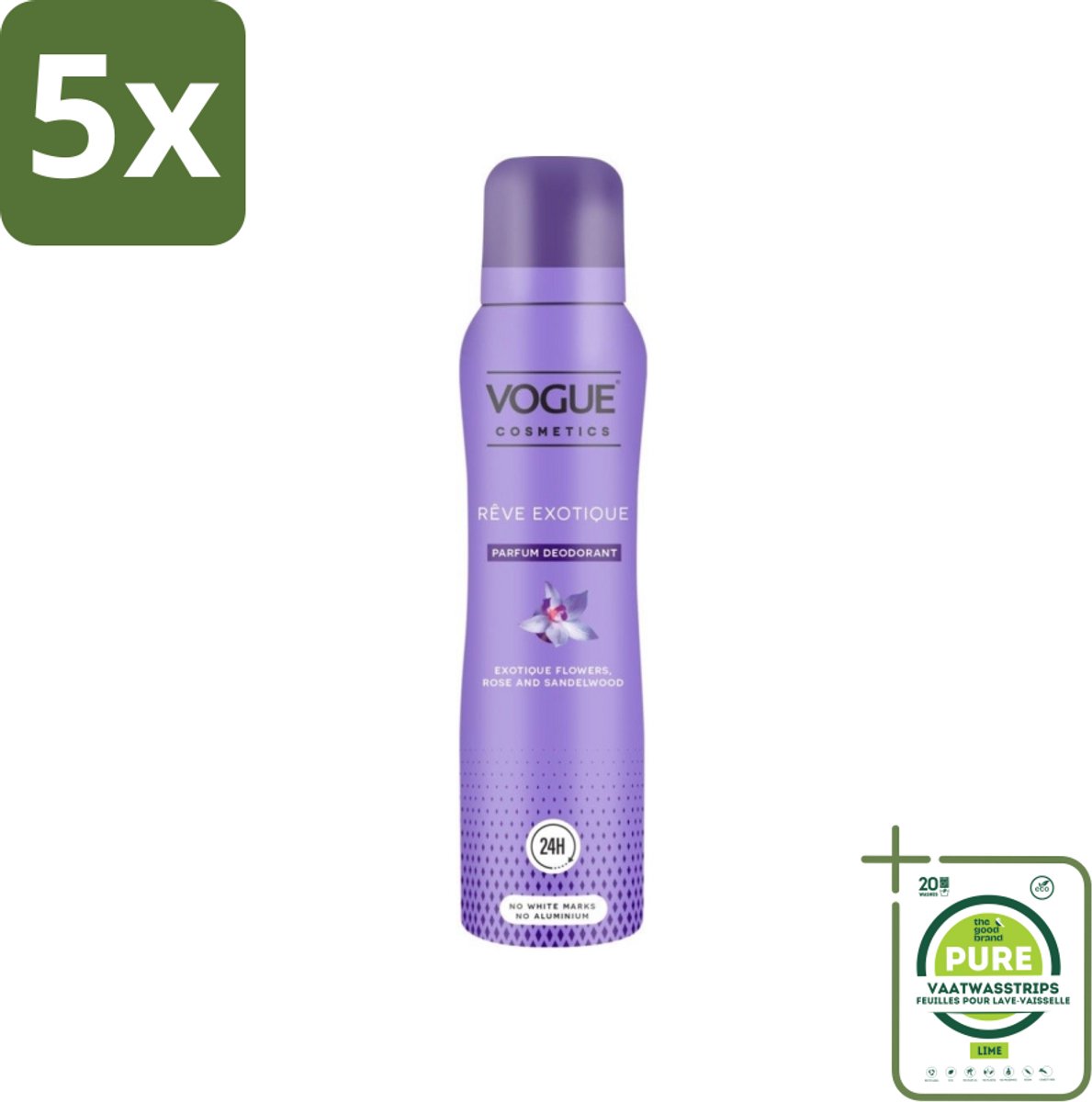 5 x Vogue Reve Exotique Parfum Deodorant 150 ml - Grootverpakking - Parfum Deodorant - Deodorant Met Geur - Geurige Deodorant - Luxe Deodorant - 24 Uur Bescherming