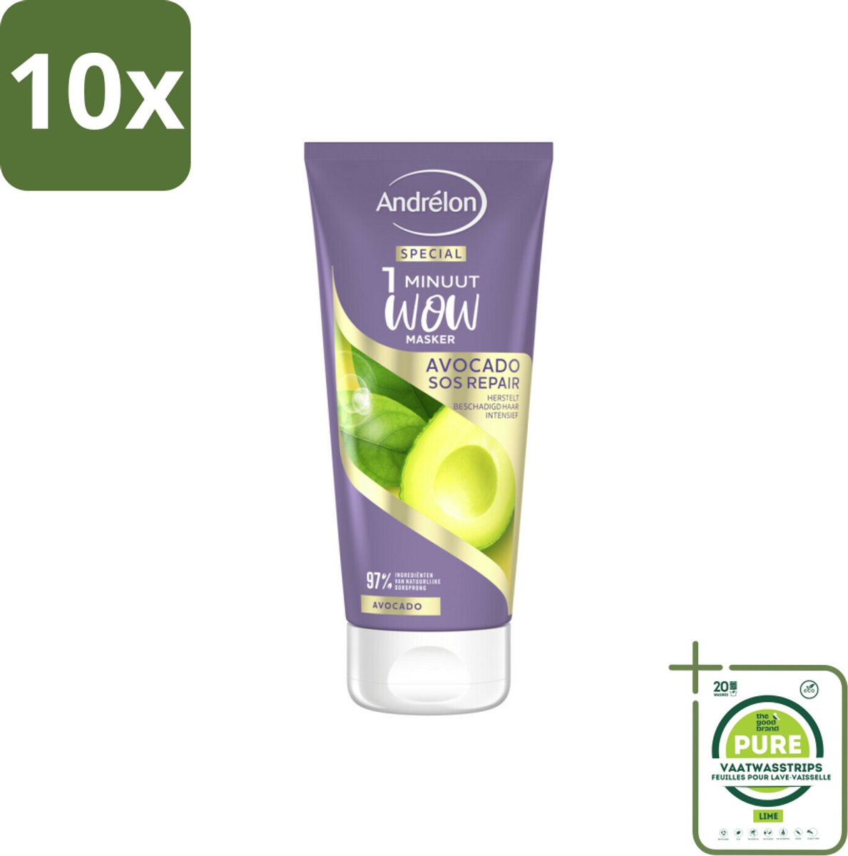 10 x Andrélon 1 Minuut Wow Masker Avocado SOS Repair 180 ml - Grootverpakking - 1 Minuut Herstel - Beschadigd Haar Herstel - Avocado Haarmasker - Haarmasker 1 Minuut - Haarmasker Voor Beschadigd Haar