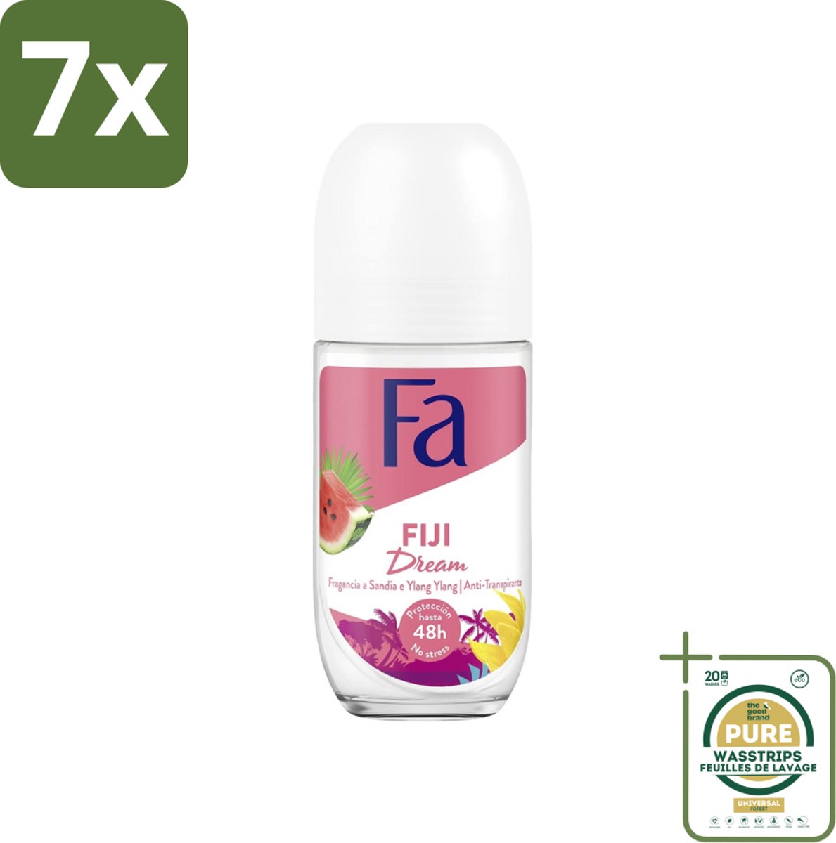 7 x Fa - Deodorant Roller - Fiji Dream - Watermeloen & Ylang Ylang - 48 uur Bescherming - 50 ml - Grootverpakking - Deodorant Roll-on - 48 Uur Bescherming - Watermeloen Geur - Ylang Ylang Geur - Huidvriendelijk