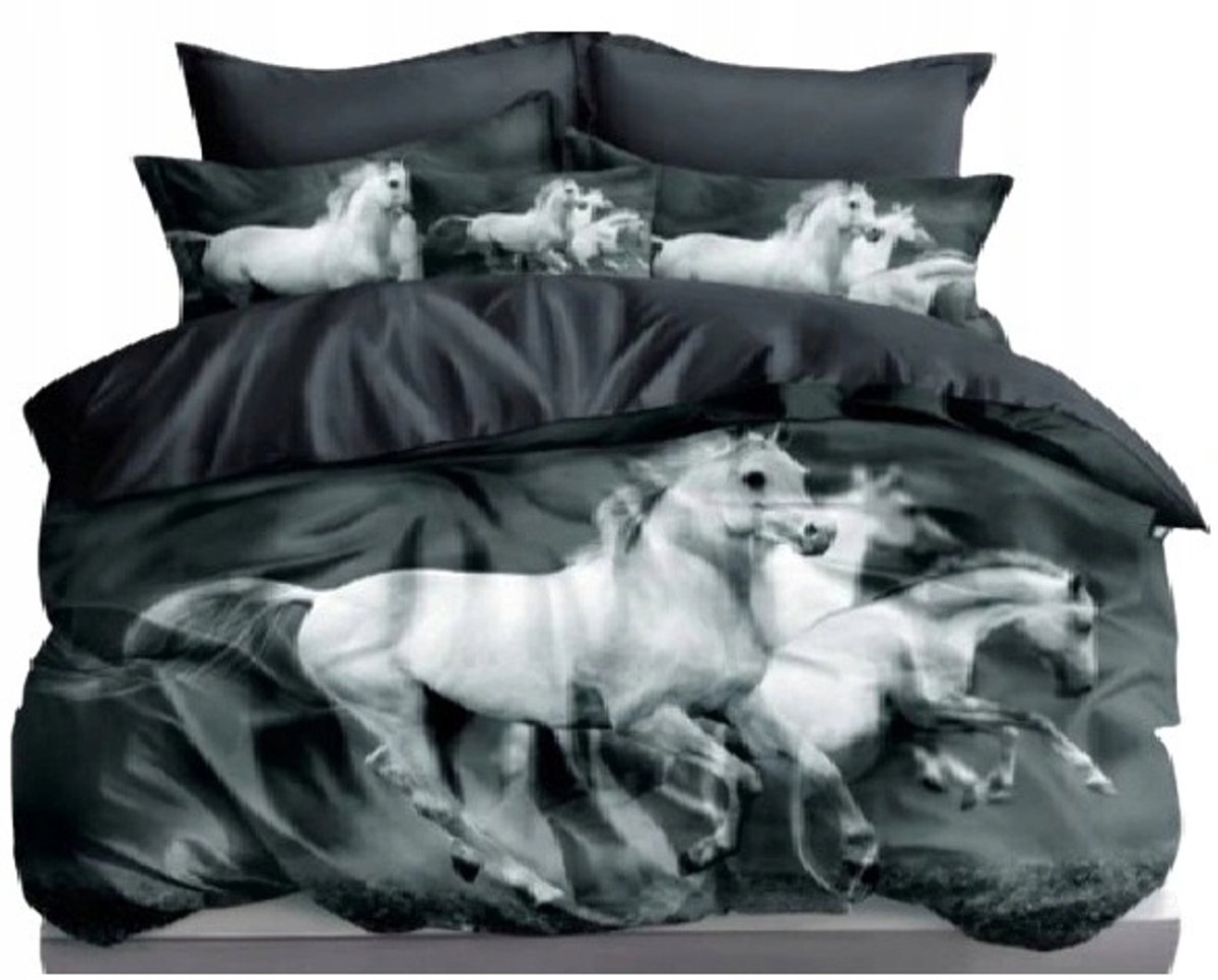 3D Katoenen Dekbedovertrek Paarden Galop 160x200cm + 2 Kussenslopen 70x80cm Zwart