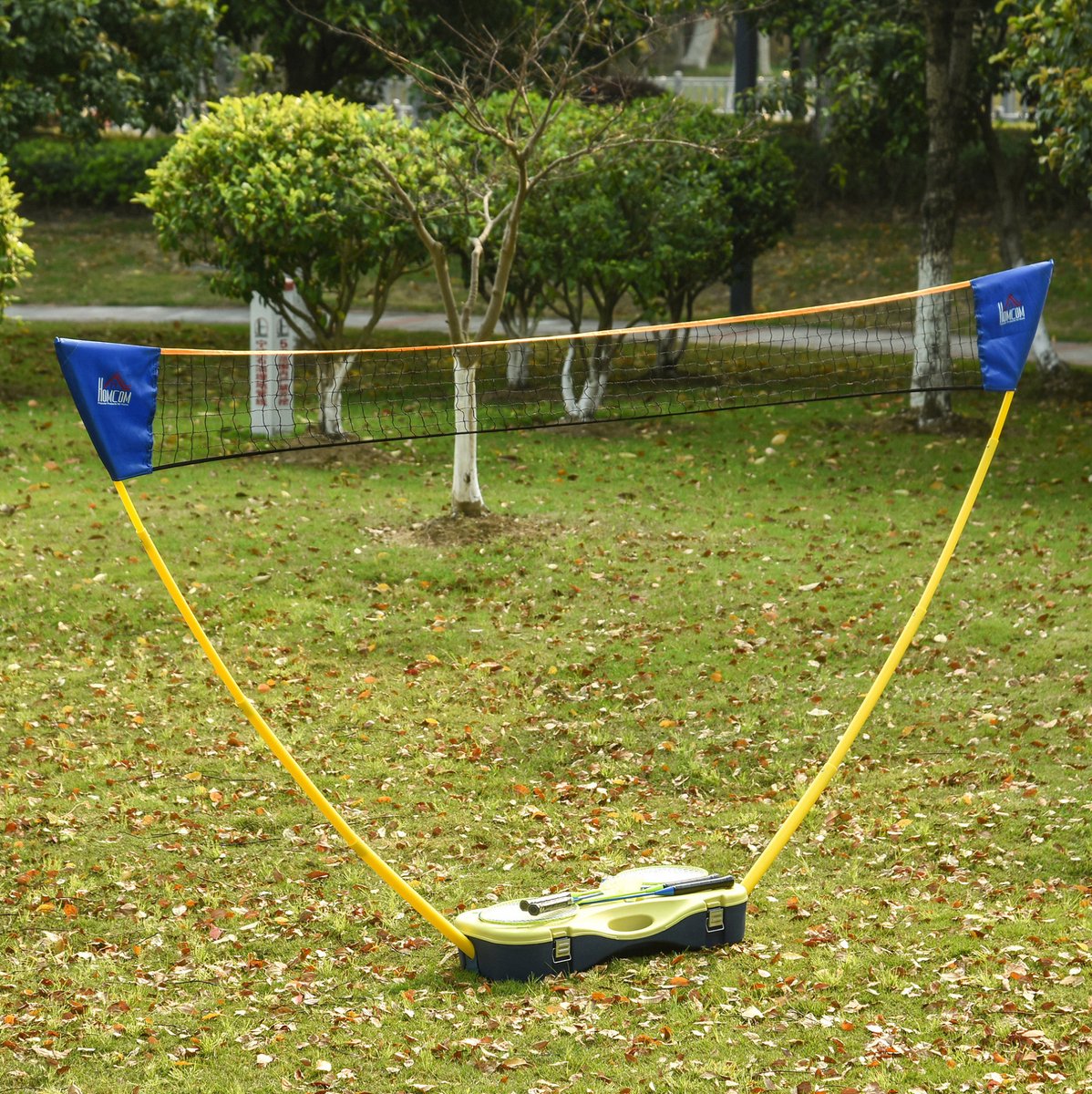 REDOM - Badmintonset met standaard - Opvouwbaar net - Draagkoffer - Kunststof en PE-net - Outdoor familiespel - 4 badmintonrackets en 2 nylon shuttles - 286 x 33 x 157 cm