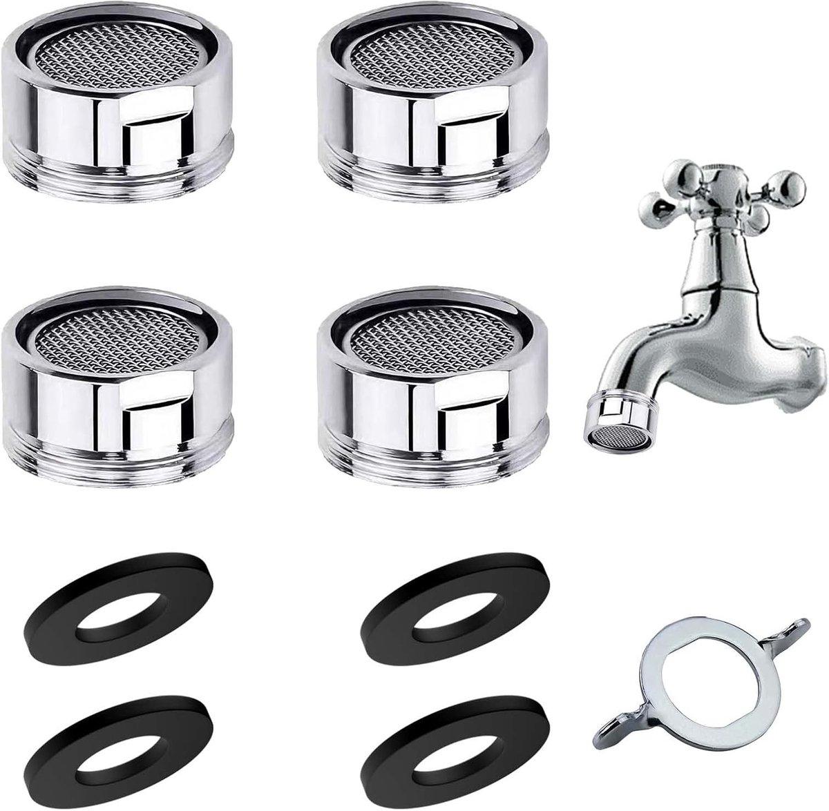 Set van 4 Aerators voor Kranen - Universele M24 Draad, RVS en ABS, Waterbesparend en Antikalk voor Keuken en Badkamer, Efficiënte Waterstroom en Milieuvriendelijk