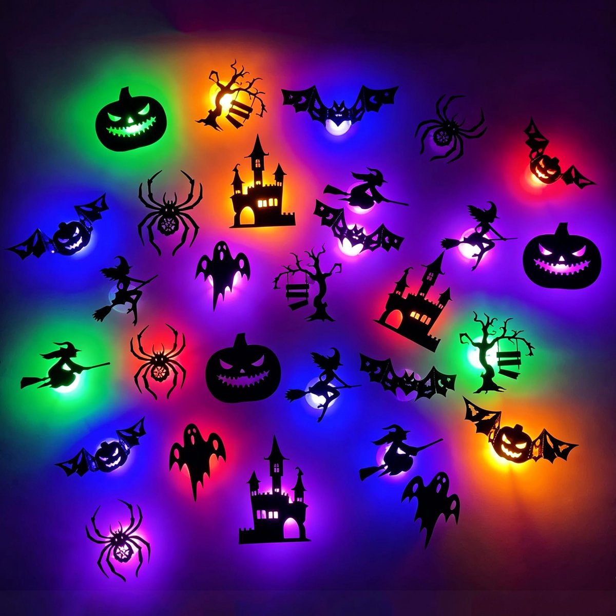 Namajunas - 30 Stuks 3D Halloween Wandstickers - Halloween decoratie - LED-verlichting - Pompoen Geest Heks Vleermuis Spookhuis - DIY, raam, slaapkamer, woonkamer partydeco-stickers - Muurstickers - Binnen Buiten Versiering