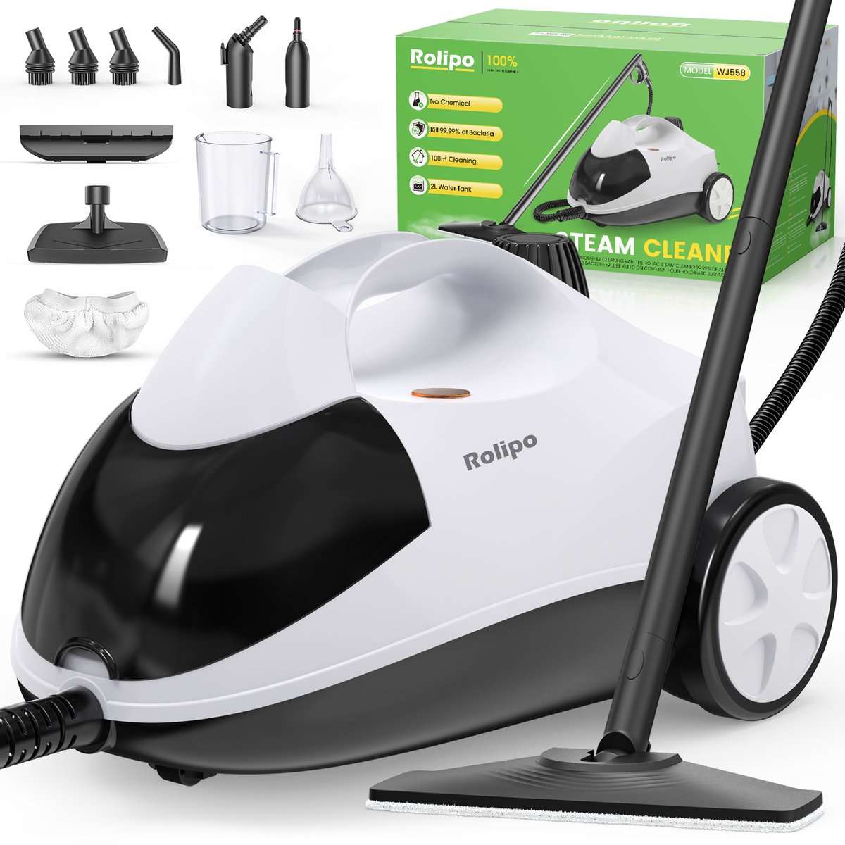 Stoomreiniger 2000W - Steam Cleaner 4 Bar - 2L Watertank - 40 Min Gebruik - mondstukken & ronde borstel-Vloerreiniger met Sproeiers, Ronde Borstel en Raamwisser