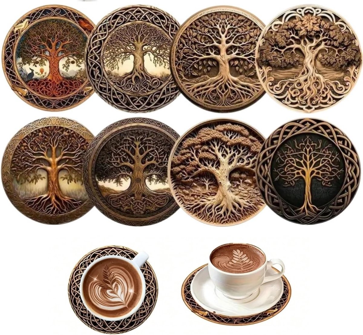 Set van 8 Houten Coasters met Levensboom Design, Antislip Rond en Kurken Onderkant voor Tafelbescherming en Interieurdecoratie (10x10cm)