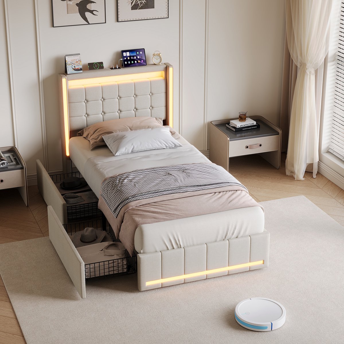 Eenpersoonsbed 90x200 cm met LED-verlichting en USB-poorten, 1-persoonsbed met 2 lades, Gestoffeerd hoofdbord, Bedframe met lattenbodem, linnen Beige