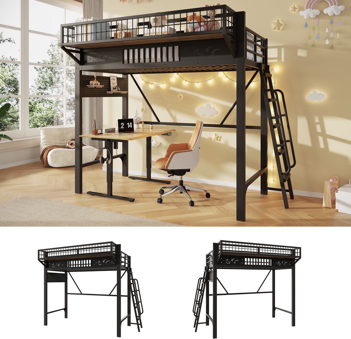 Kinderbed, Hoogbed, 90 x 200 cm, metalen bedframe, opbergkasten, open onderste verdieping, zonder matras, zwart
