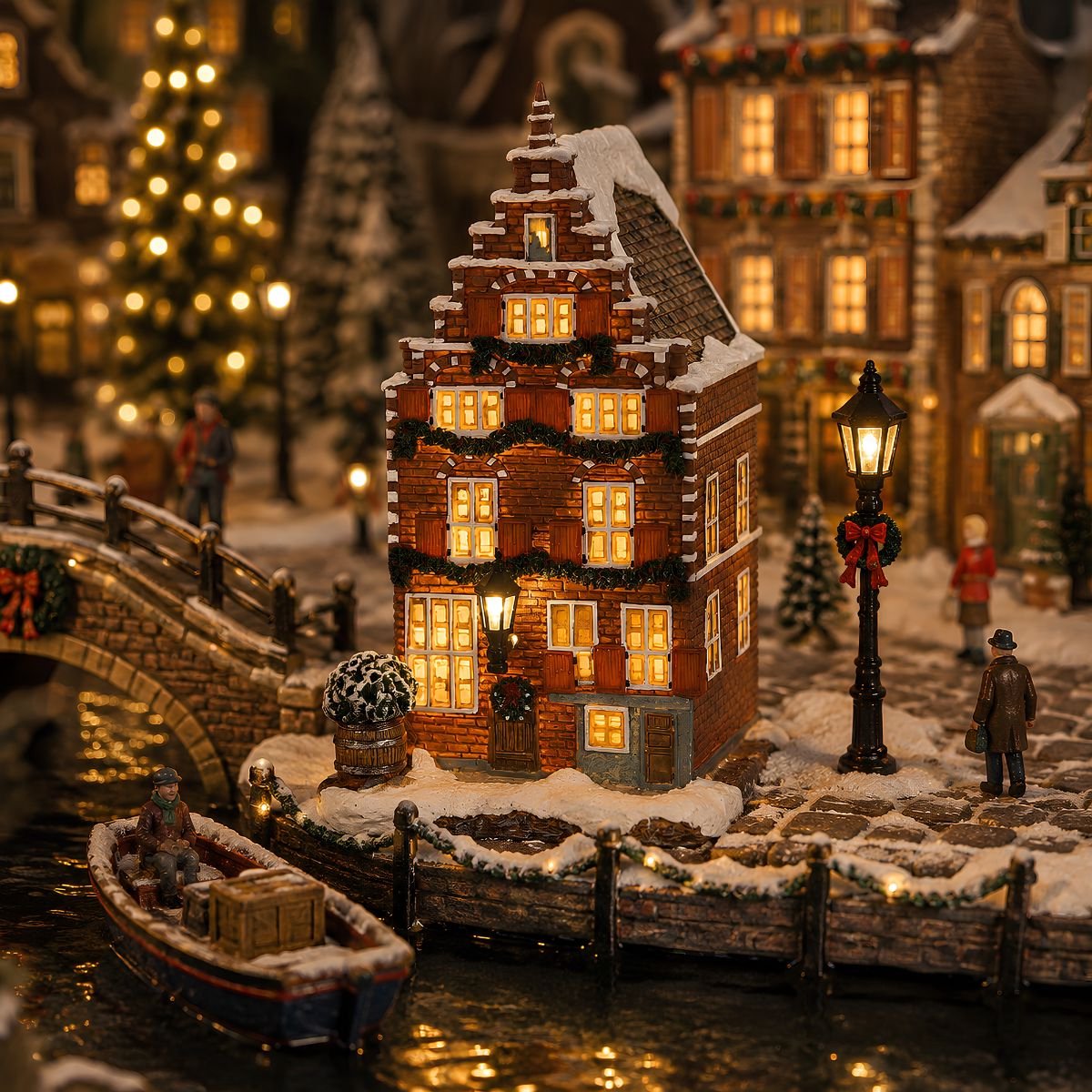 Luville Kerstdorp Miniatuur Grachtenpand - Kerstversiering en Guirlande Details voor een Sfeervolle Decoratie - Kerst Decoratie voor Binnen - L10,5 x B11,5 x H18,5 cm - Bruin – foto 5